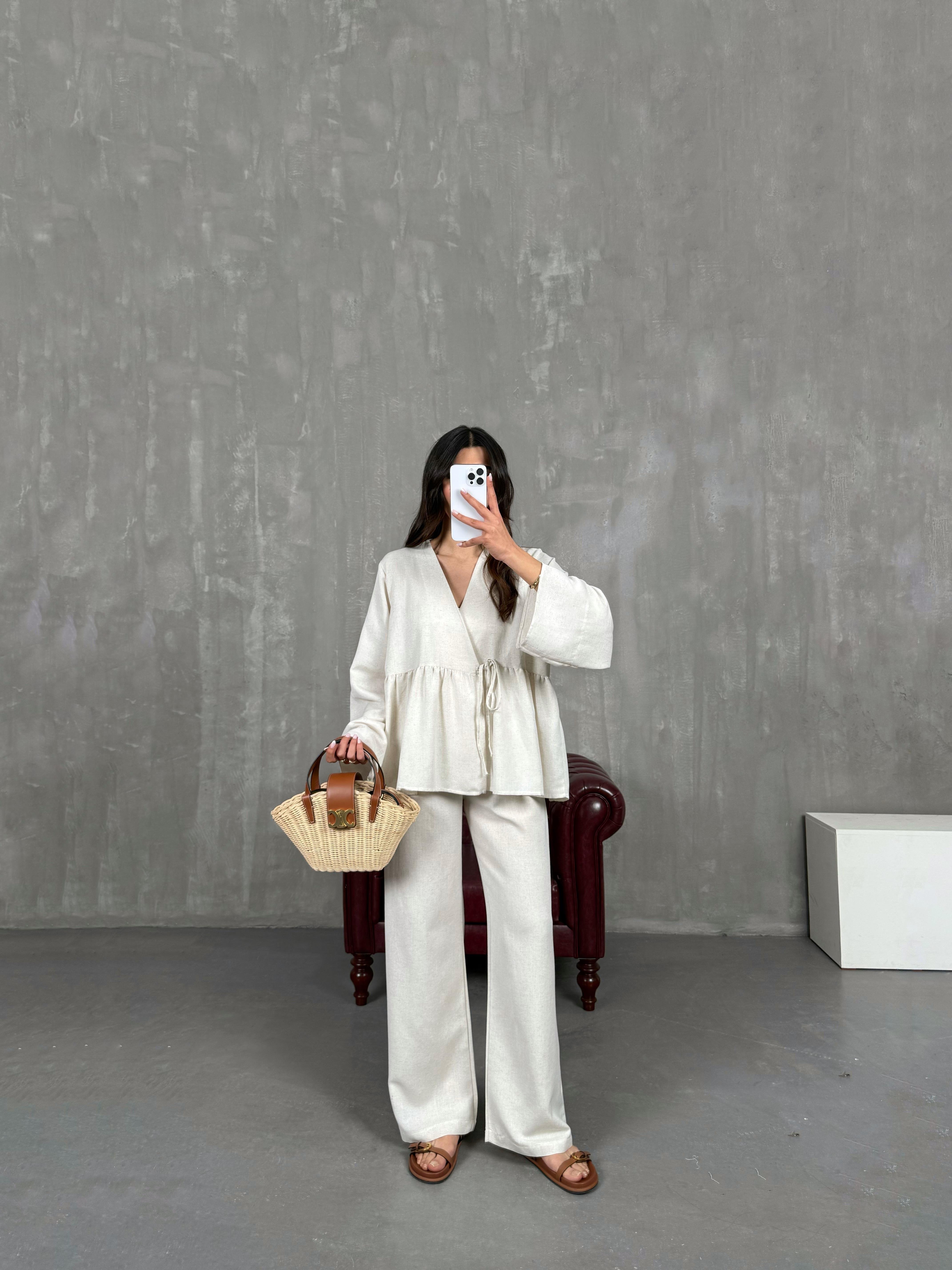 Taş Önü Bağlamalı Gömlek Beli Lastikli Pantolon İkili Keten Takım Gaus00262GausTAKIMGU1001604