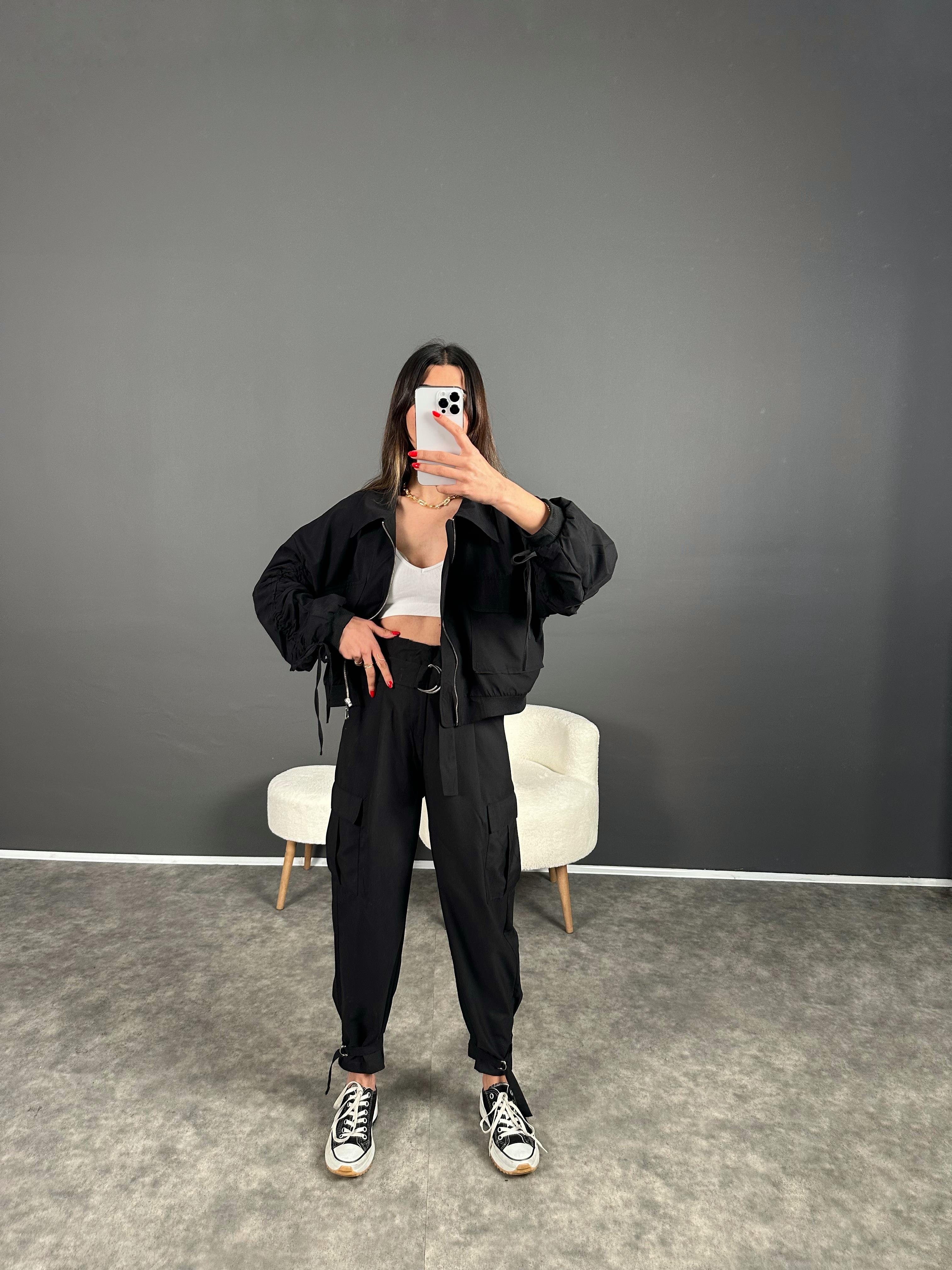 Venda Siyah Paraşüt Kumaş Büzgülü Tasarım Takım 