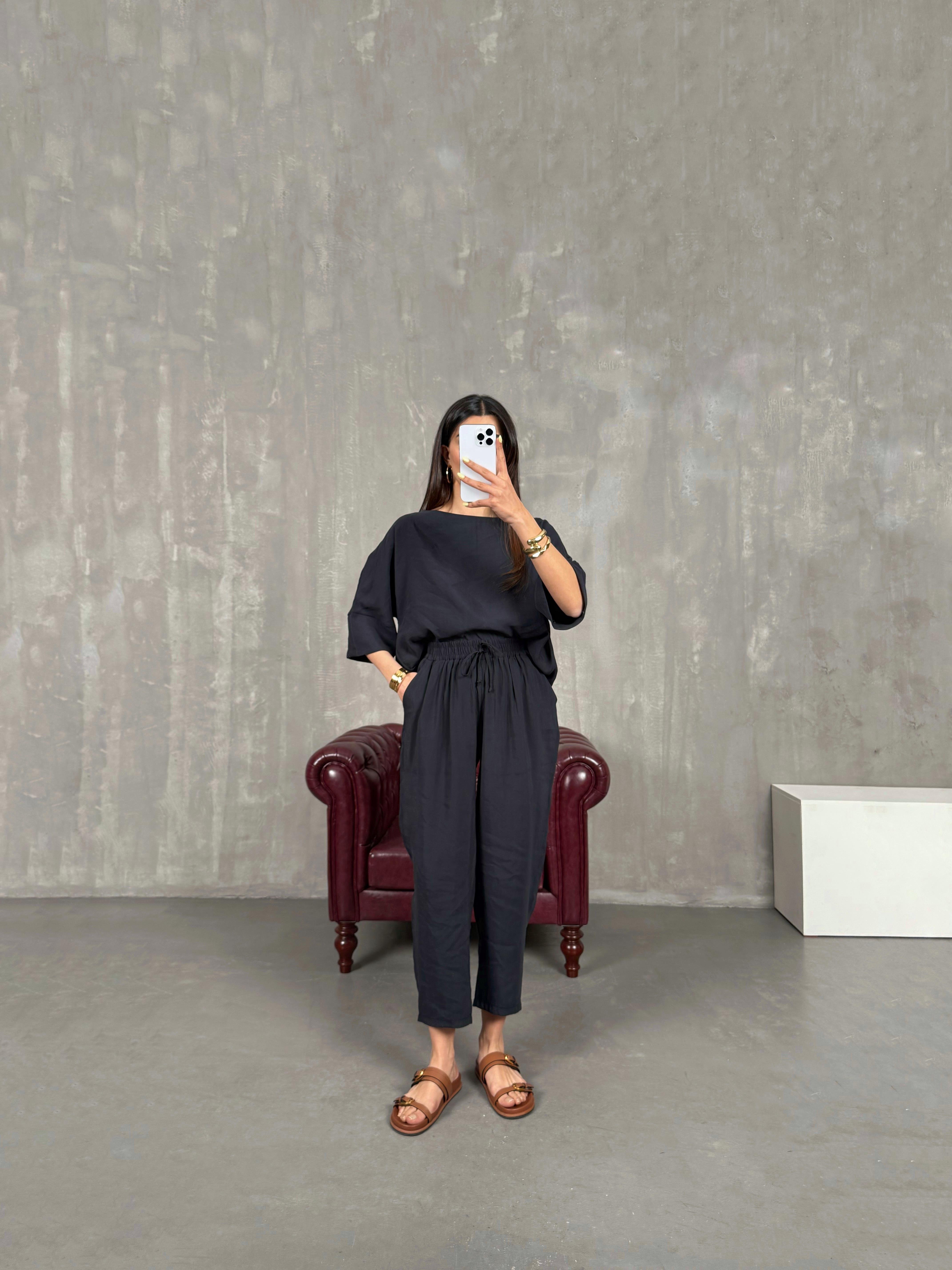 Siyah Bisiklet Yaka Kırışık Tensel Takım Gaus00132GausTAKIMGU1001298