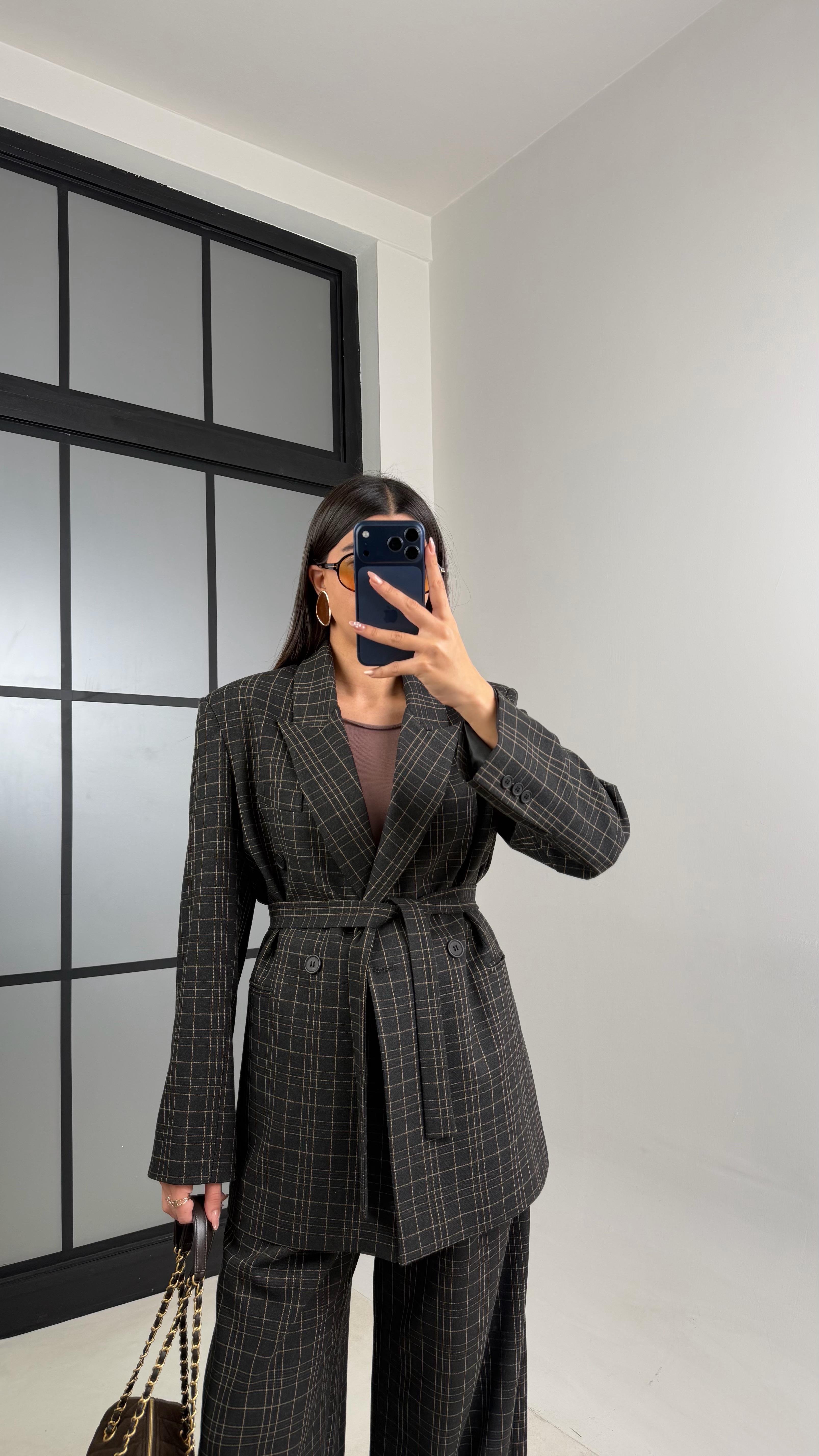 Füme Vatkalı Astarlı Kuşaklı Premium Desenli Ceket GAUS-00910GAUSCEKETGAUS-00910