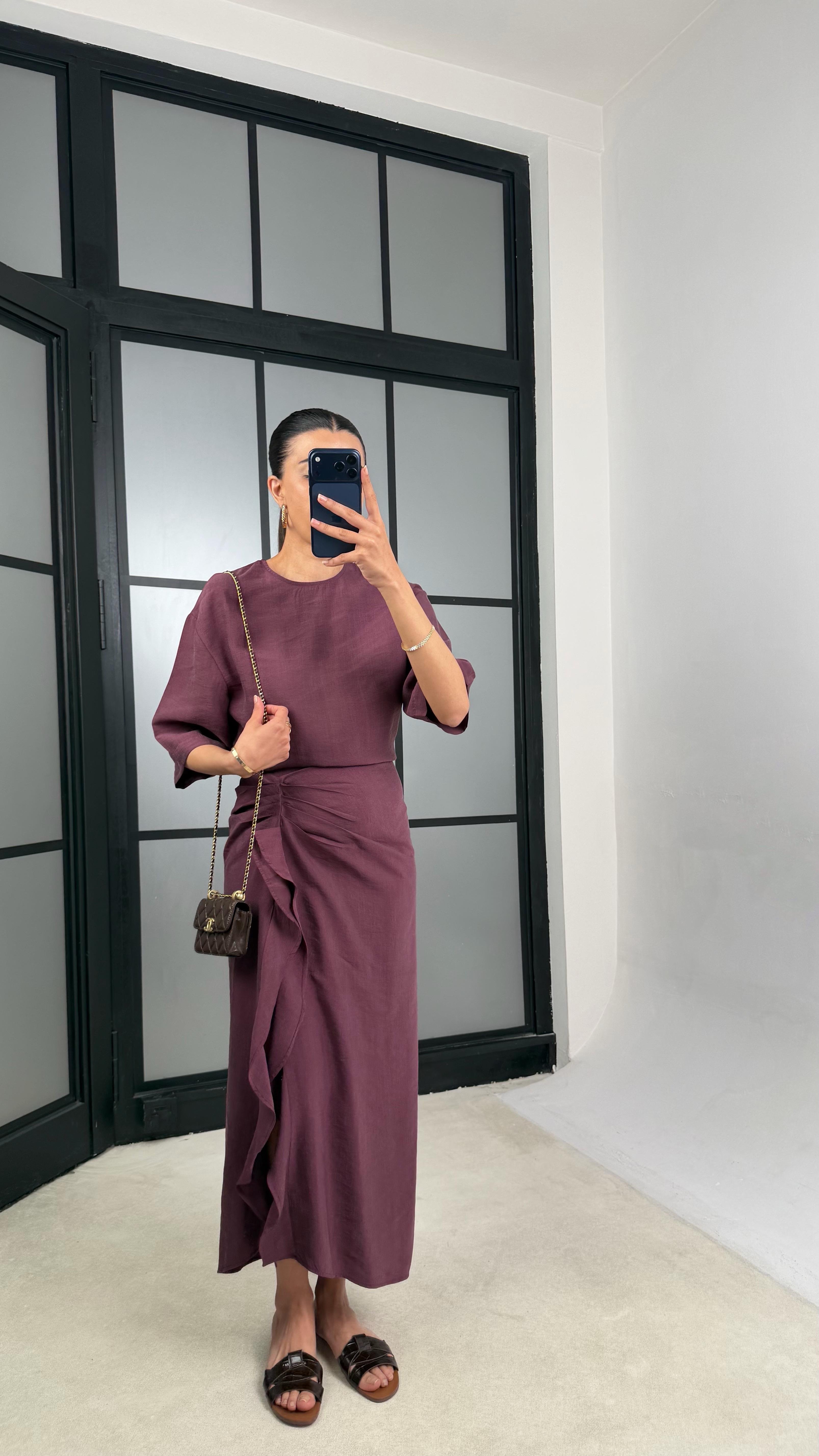 Mürdüm Yırtmaç Detaylı Tencel Elbise GAUS-01405GAUSDressesGAUS-01405