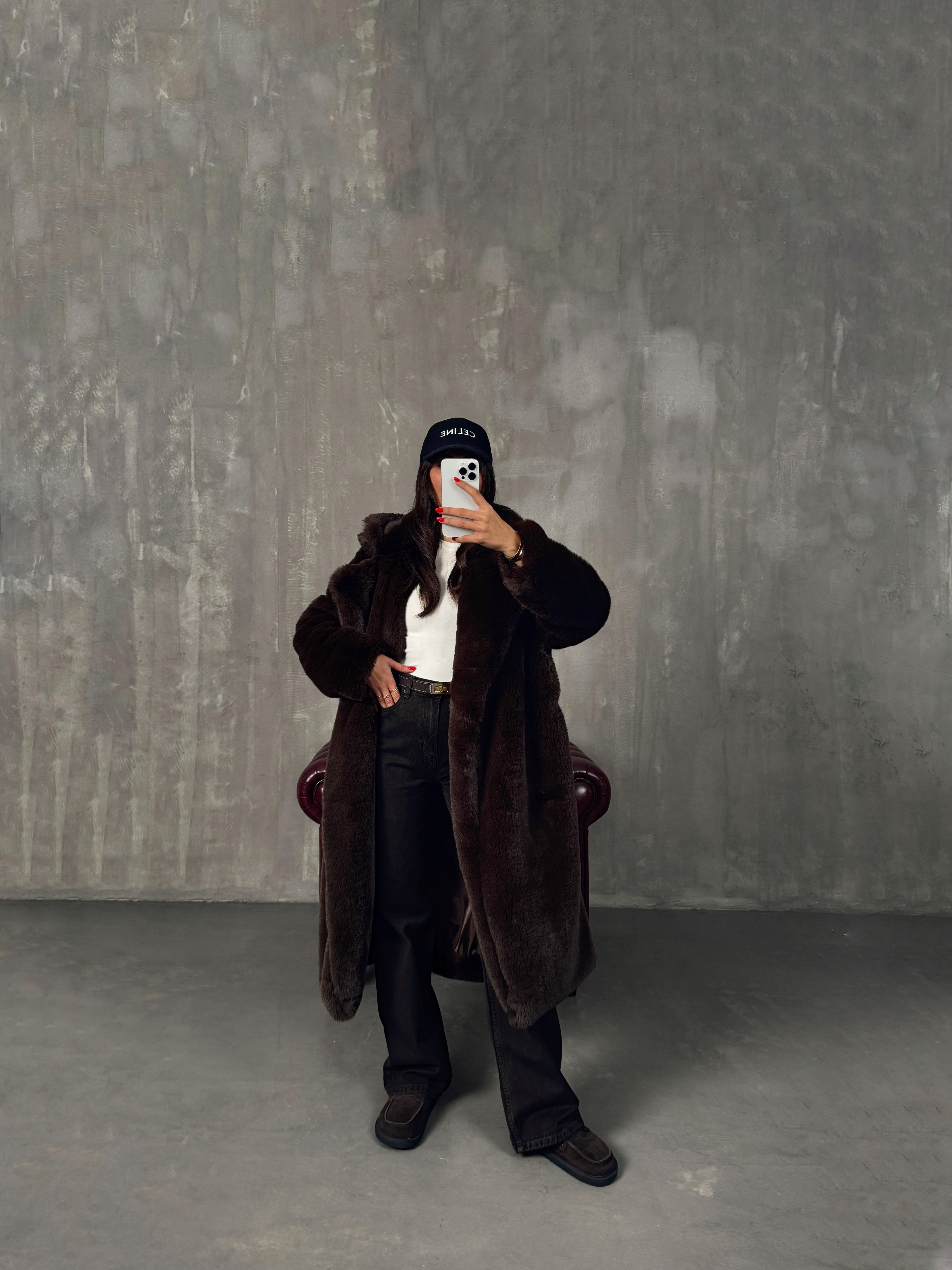 Wody Acı Kahve Astarlı Premium Kürk Kaban 