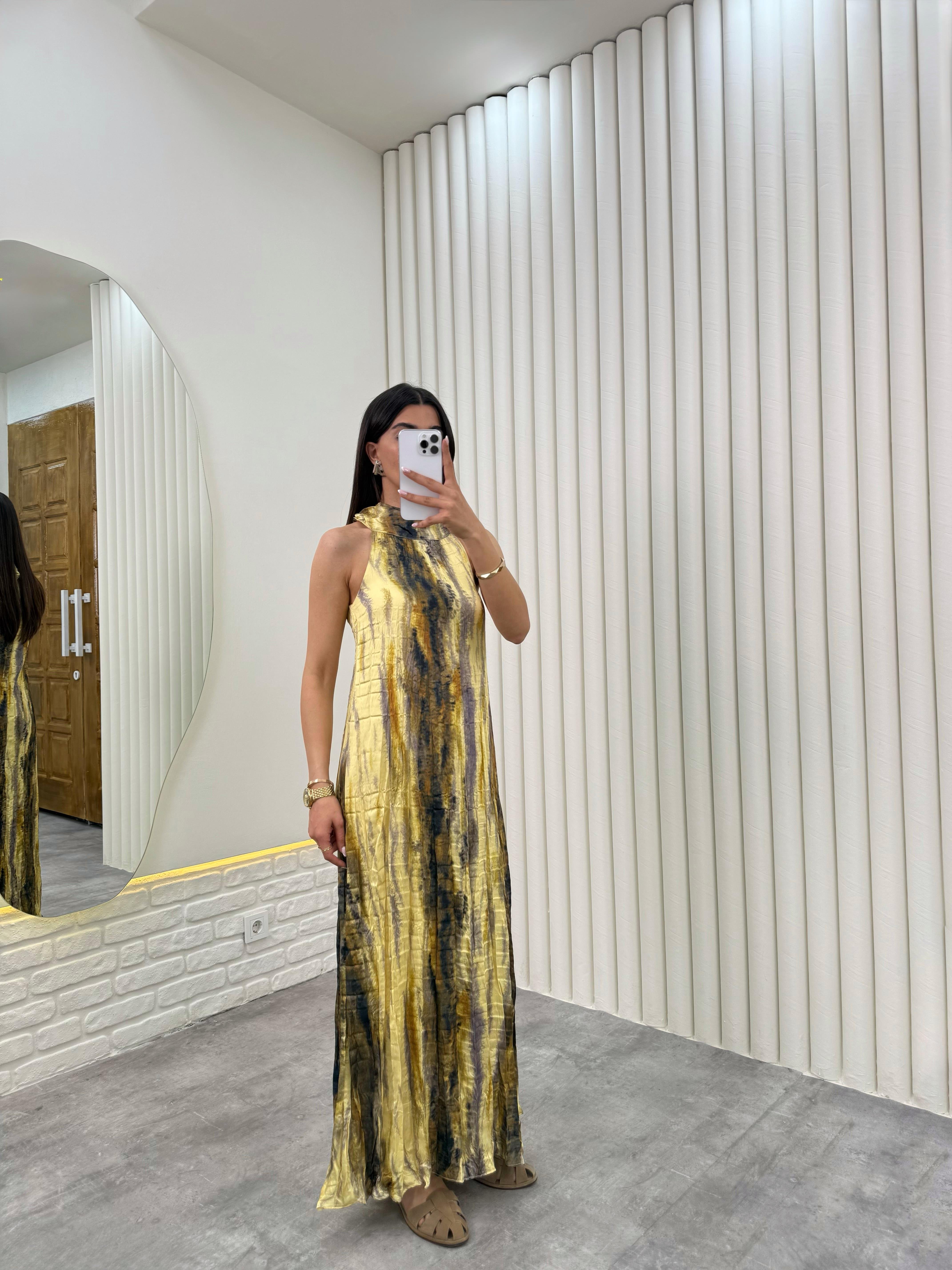 Sarı Renkli Astarlı Kırışık Elbise Gaus00313GausELBİSEGU1001719