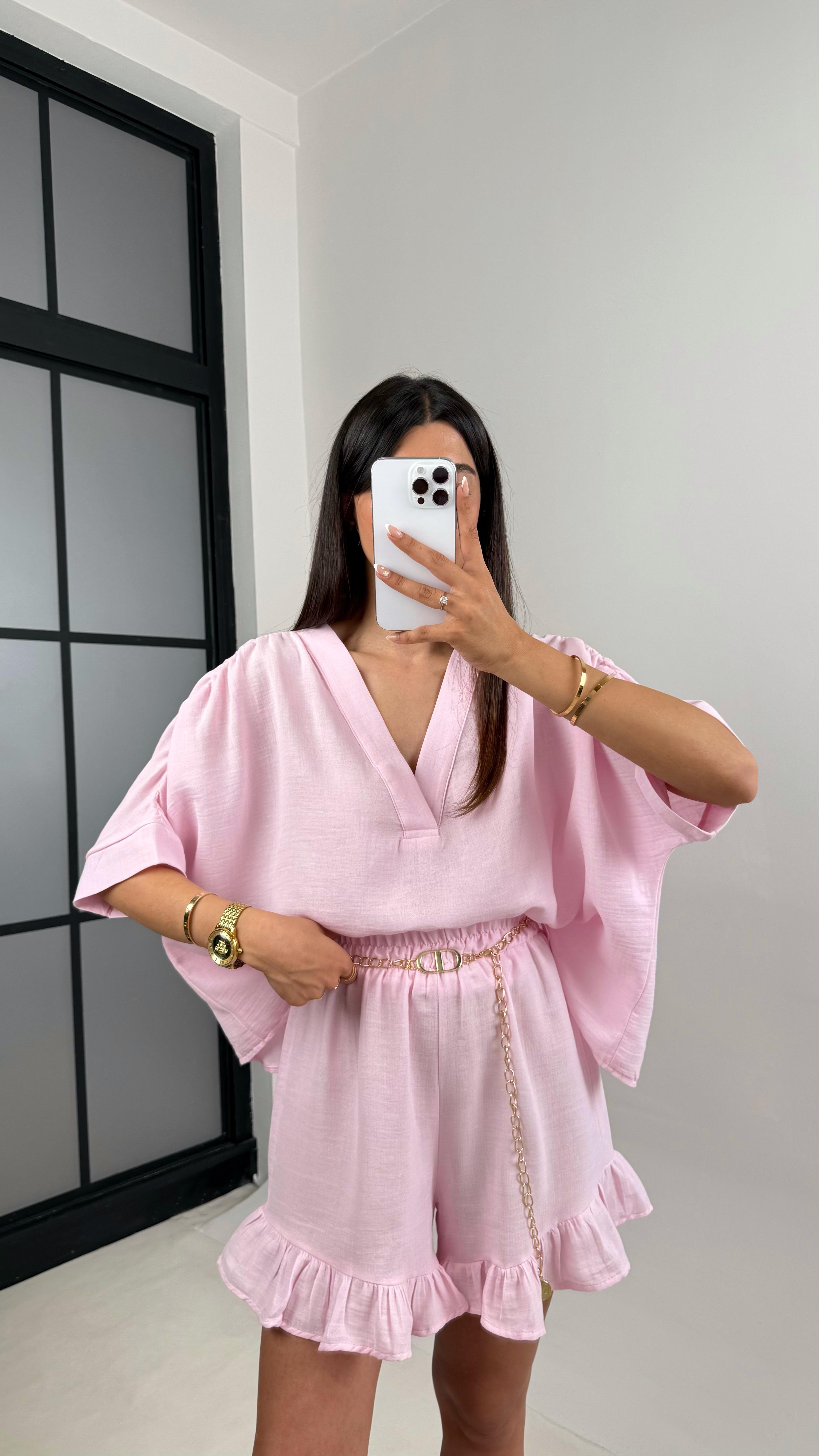 Pembe Kol Drapeli V Yaka Gömlek Beli Lastikli Fırfırlı Şort Müslin Takım Gaus00601GausTAKIMGU1002410
