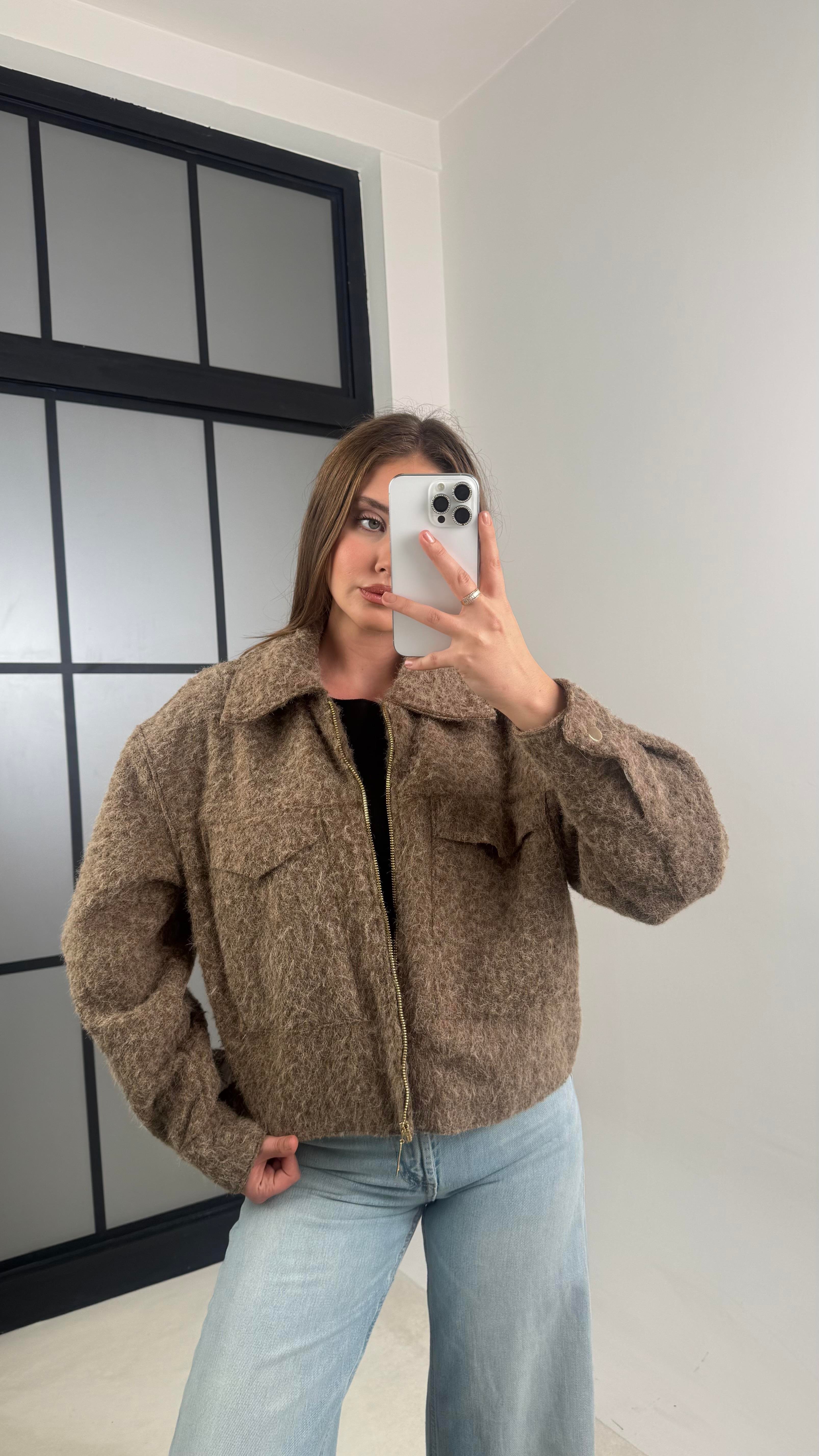 Kahve Astarlı Fermuarlı Muadil Keçe Kumaş Ceket GAUS-00603GAUS السترات  GAUS-00603