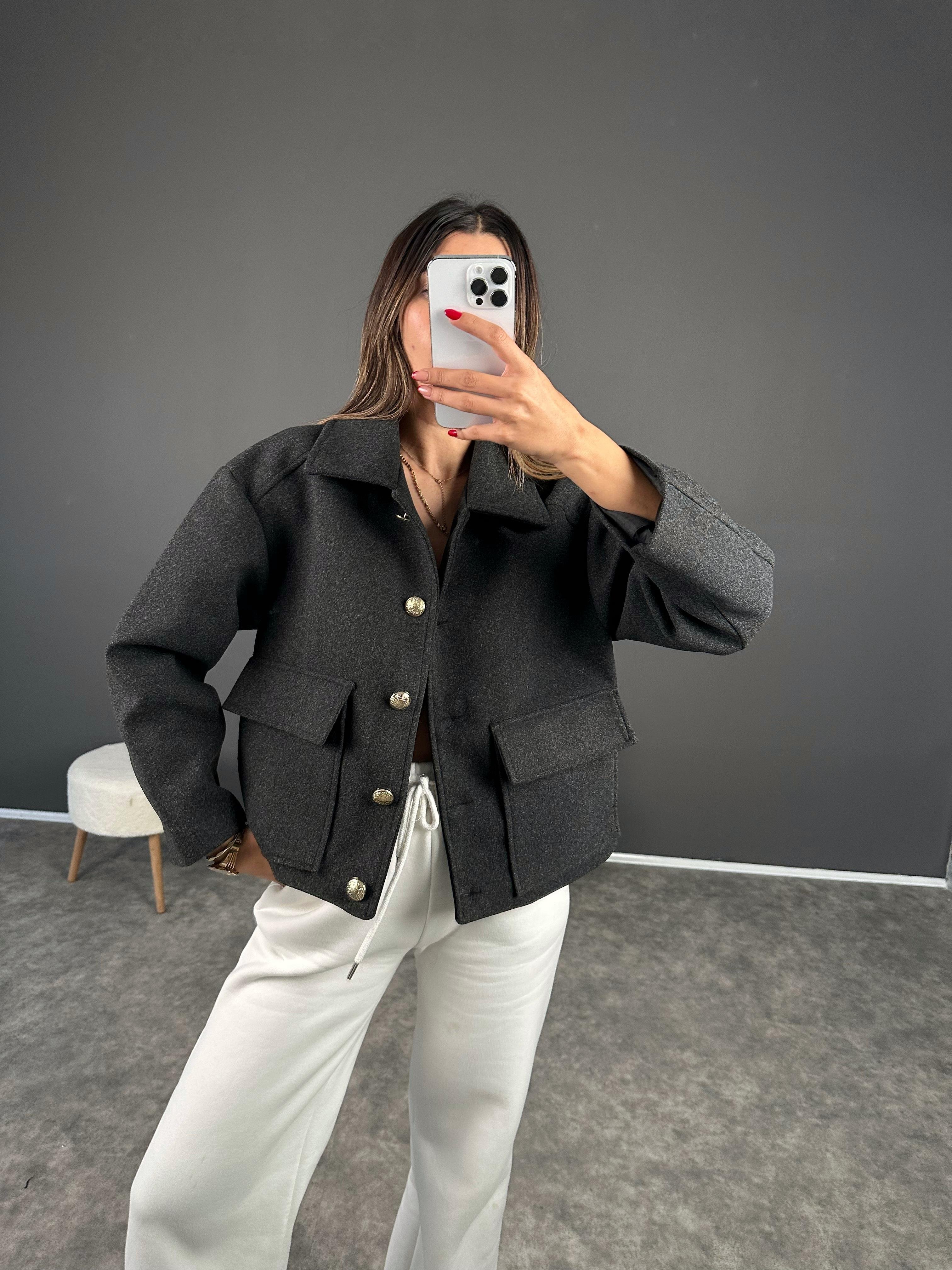 Premium Antrasit Gri Gold Düğmeli Kaşe CeketGausCEKETGU002448