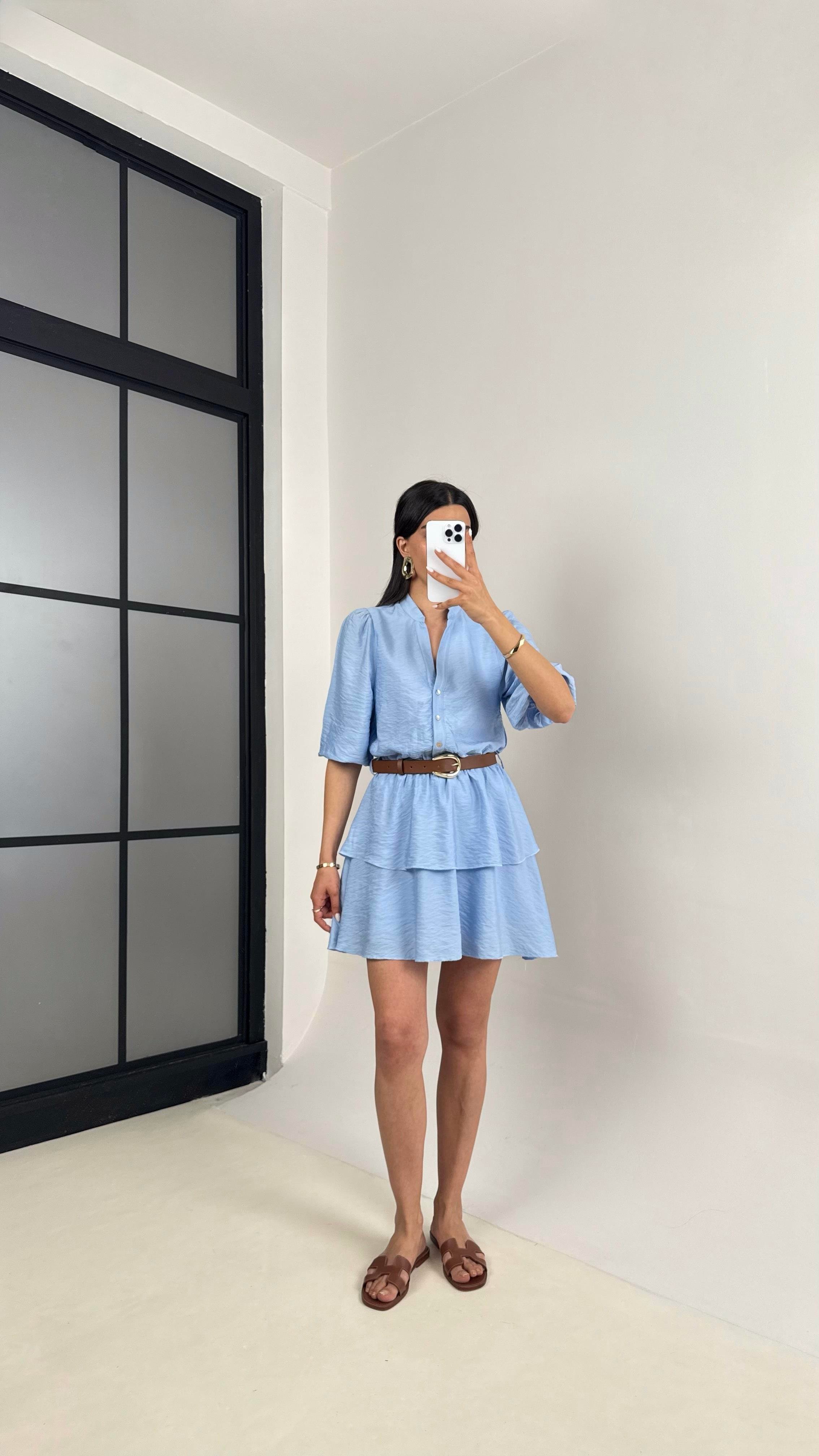 Mavi V Yaka Astarlı Kemerli Önü Düğmeli Tencel Elbise Gaus00450GausELBİSEGU1002050