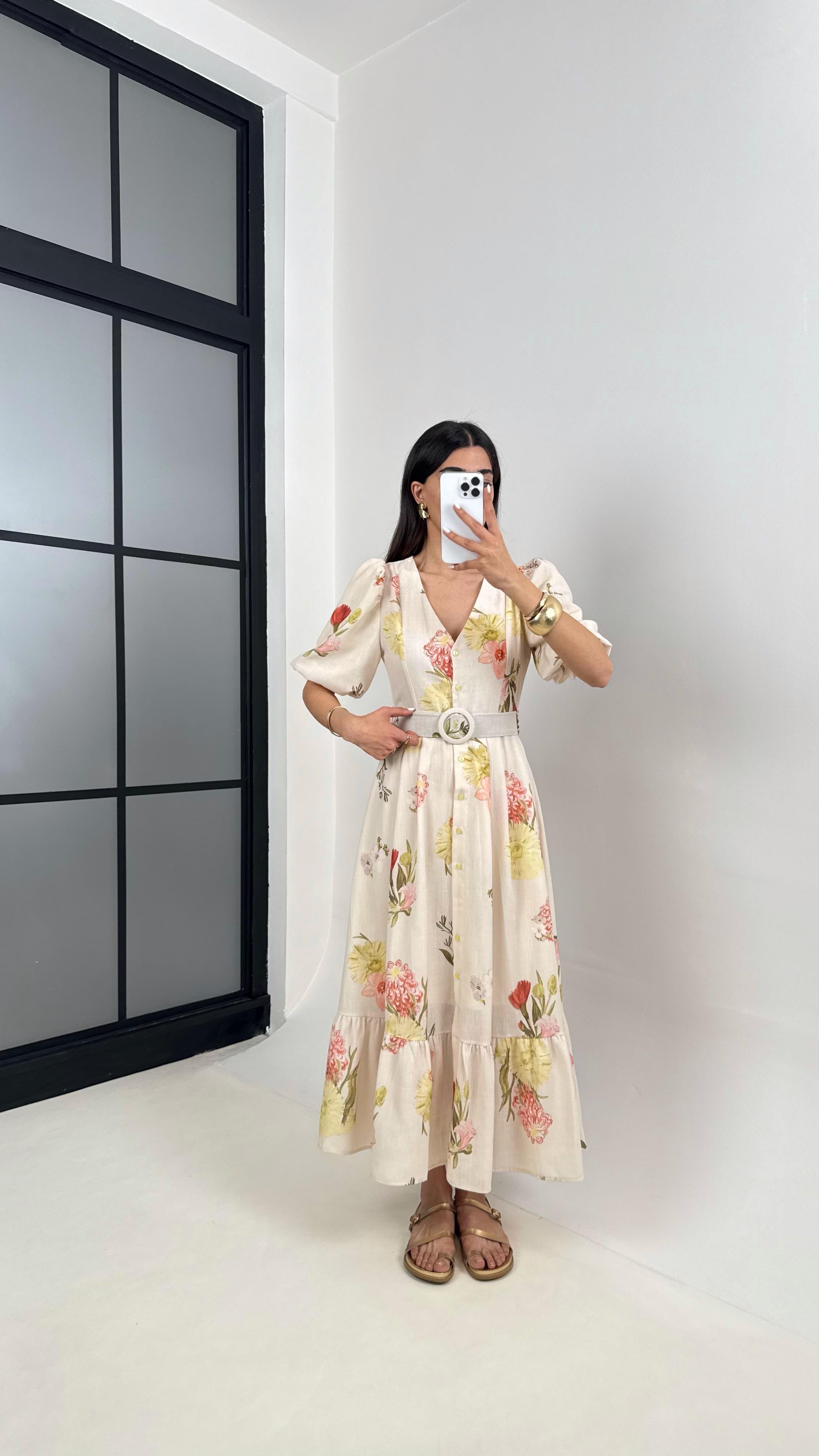 Taş V Yaka Turuncu Çiçek Desenli Balon Kol Kemerli Elbise Gaus00394GausELBİSEGU1001924