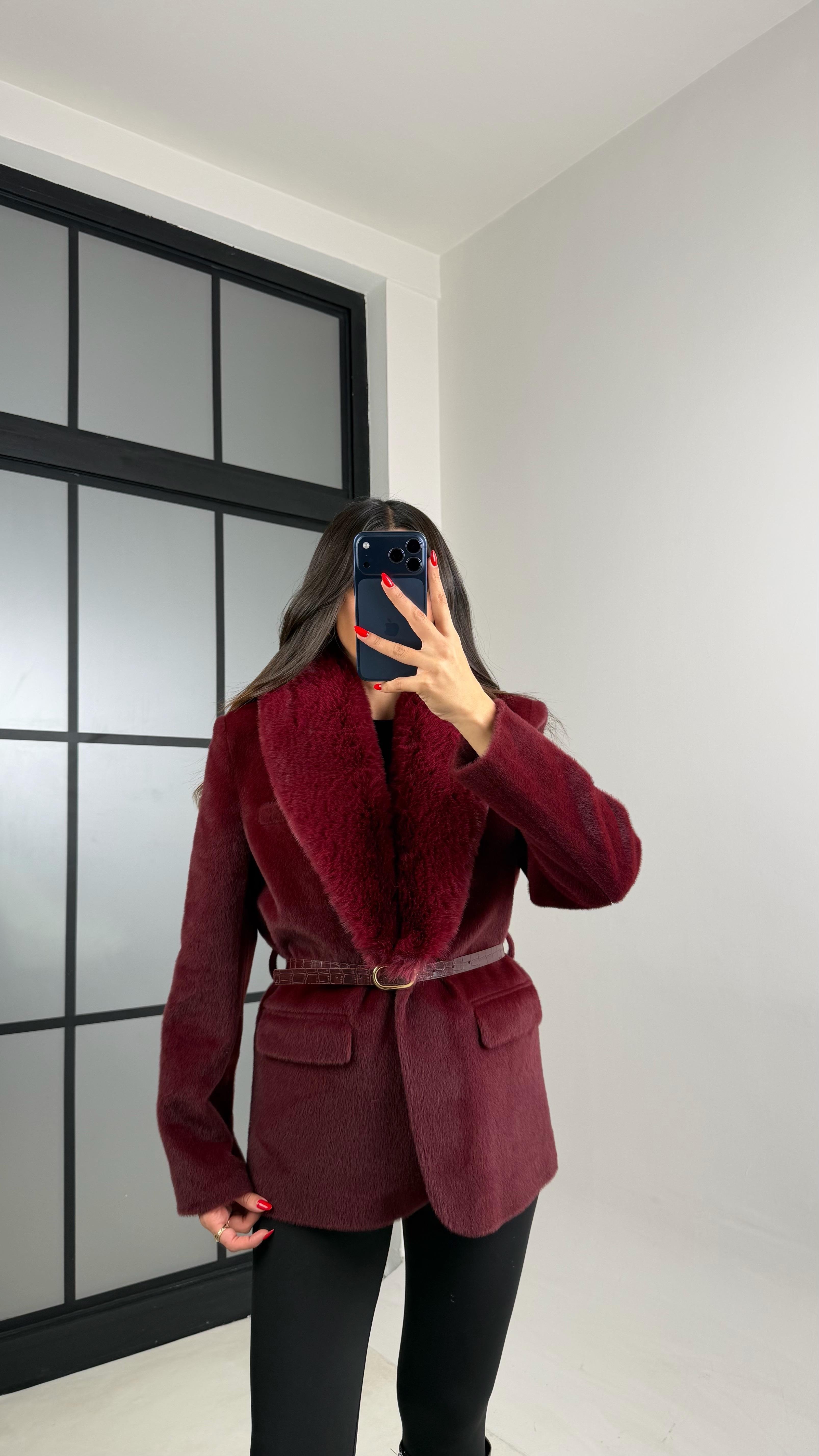 Bordo Astarlı Kemerli Premium Kürk Ceket GAUS-00936GAUSCEKETGAUS-00936