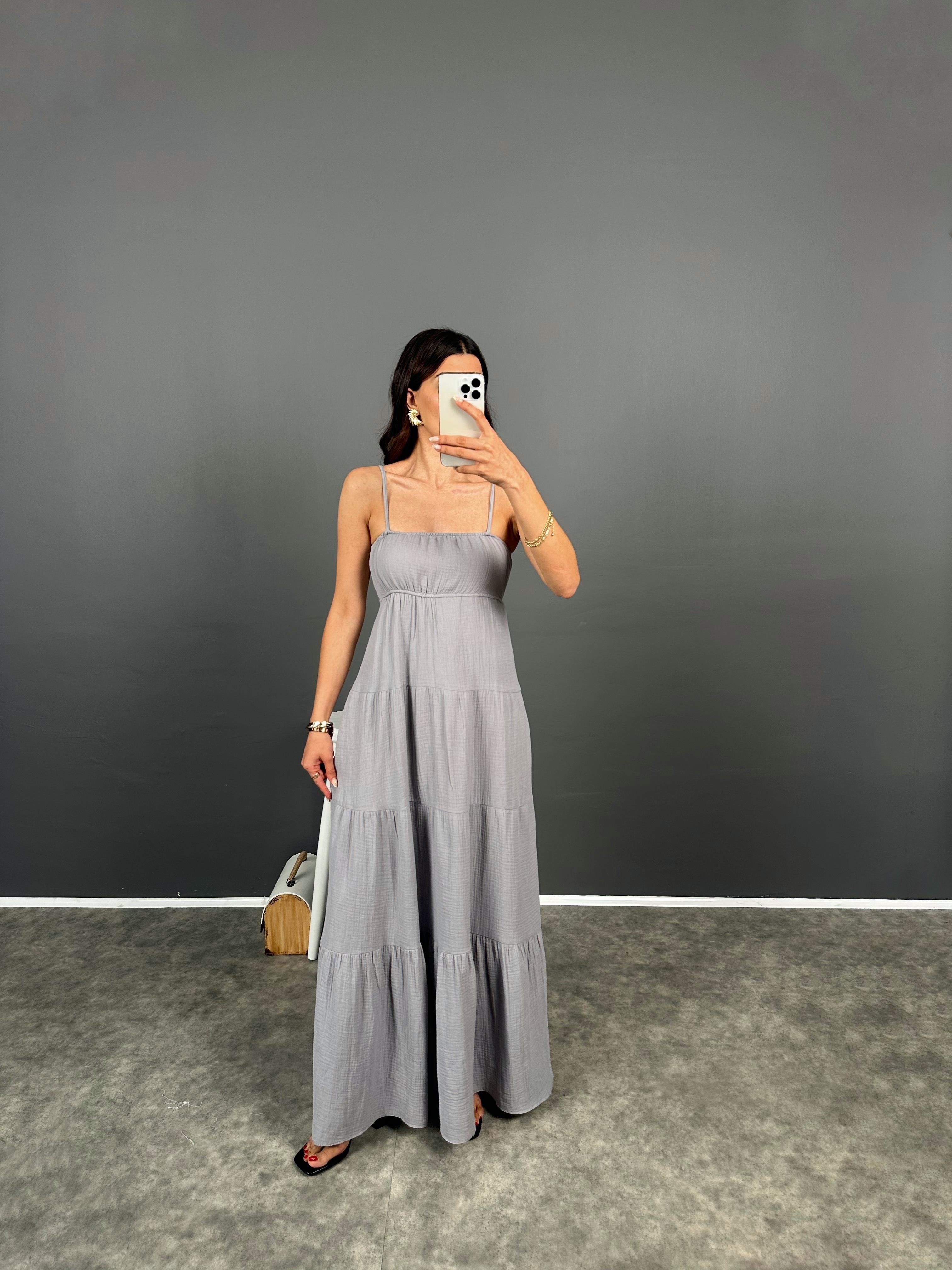 Roderika Gri Müslin Astarlı Uzun Askılı ElbiseGausELBİSEGU008364