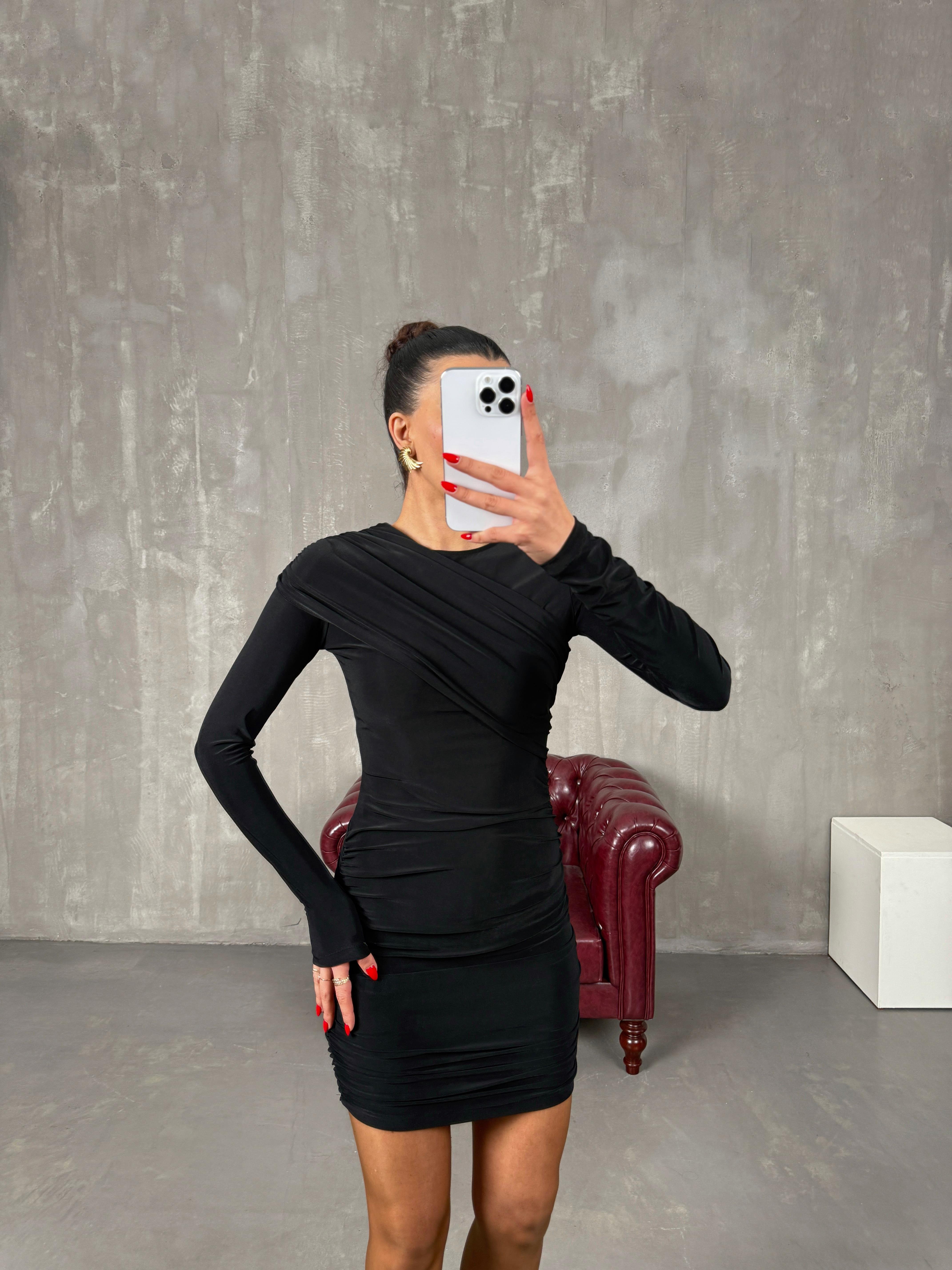 Senna Siyah Drapeli Elbise