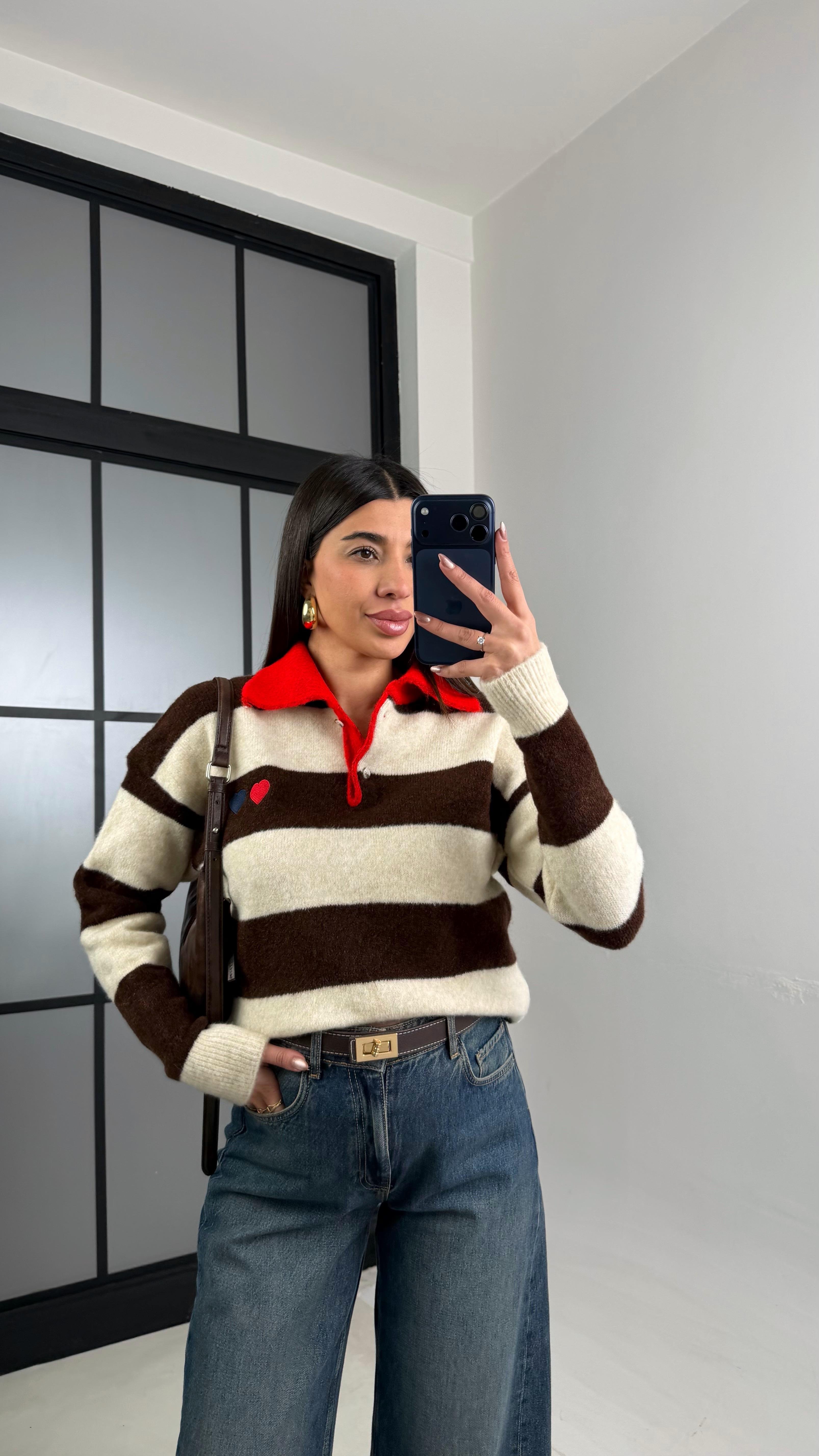 Kahve Polo Yaka Çizgili Yumuşak Dokulu Kazak GAUS-01099GAUSKAZAKGAUS-01099