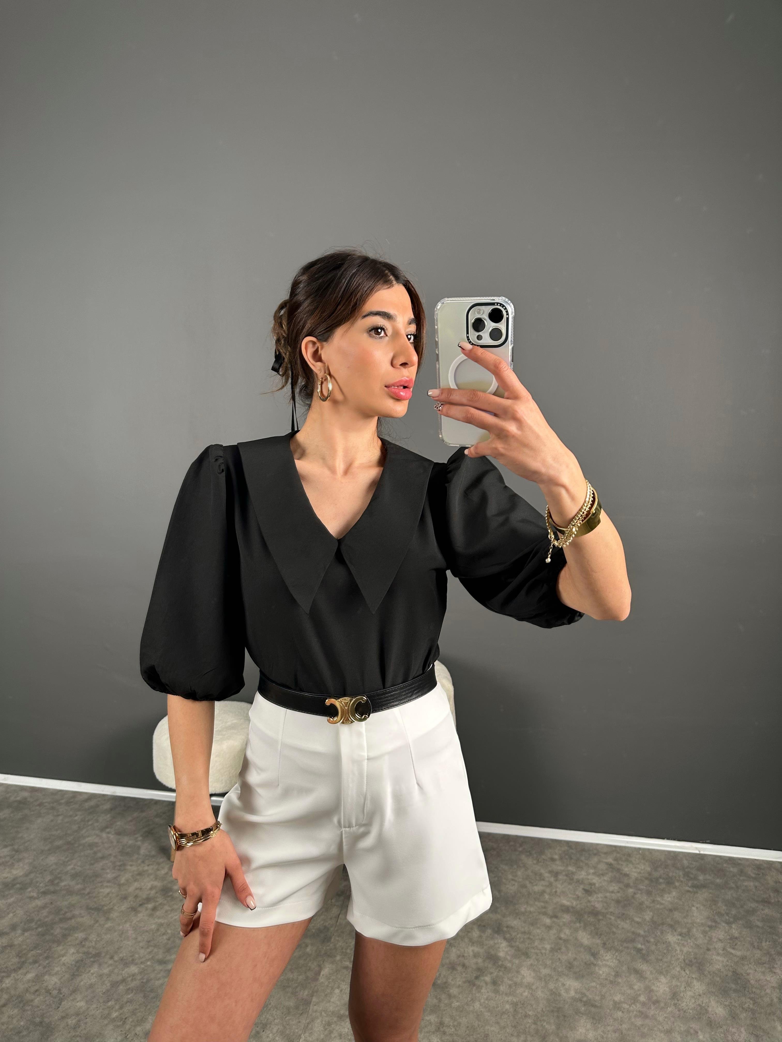 Misu Siyah Bebe Yaka Balon Kol Bluz 