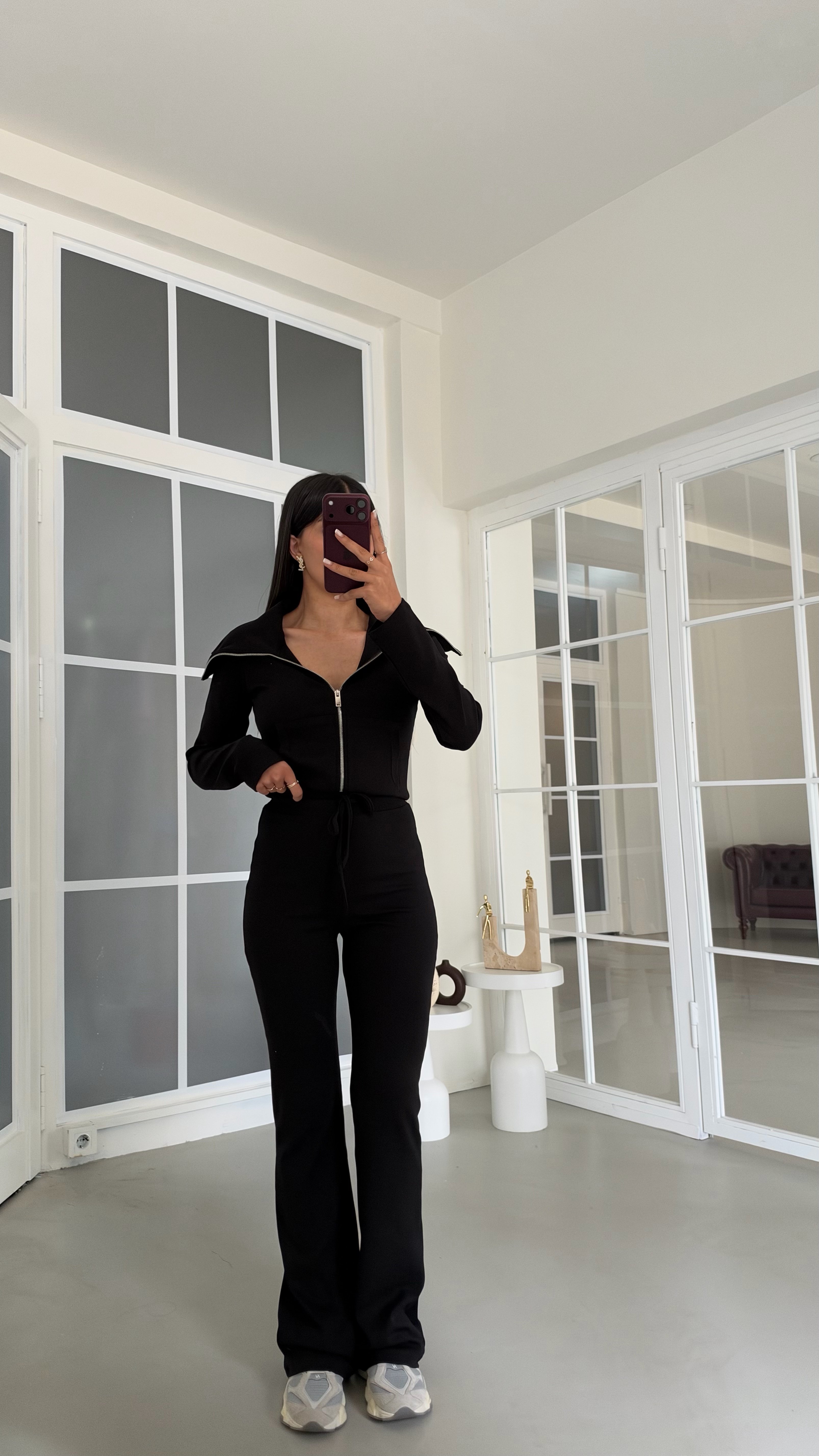 Siyah Geniş Yakalı Crop Hırka Beli Lastikli Eşofman İkili Basic Takım GAUS-02156GAUSTAKIMGAUS-02156