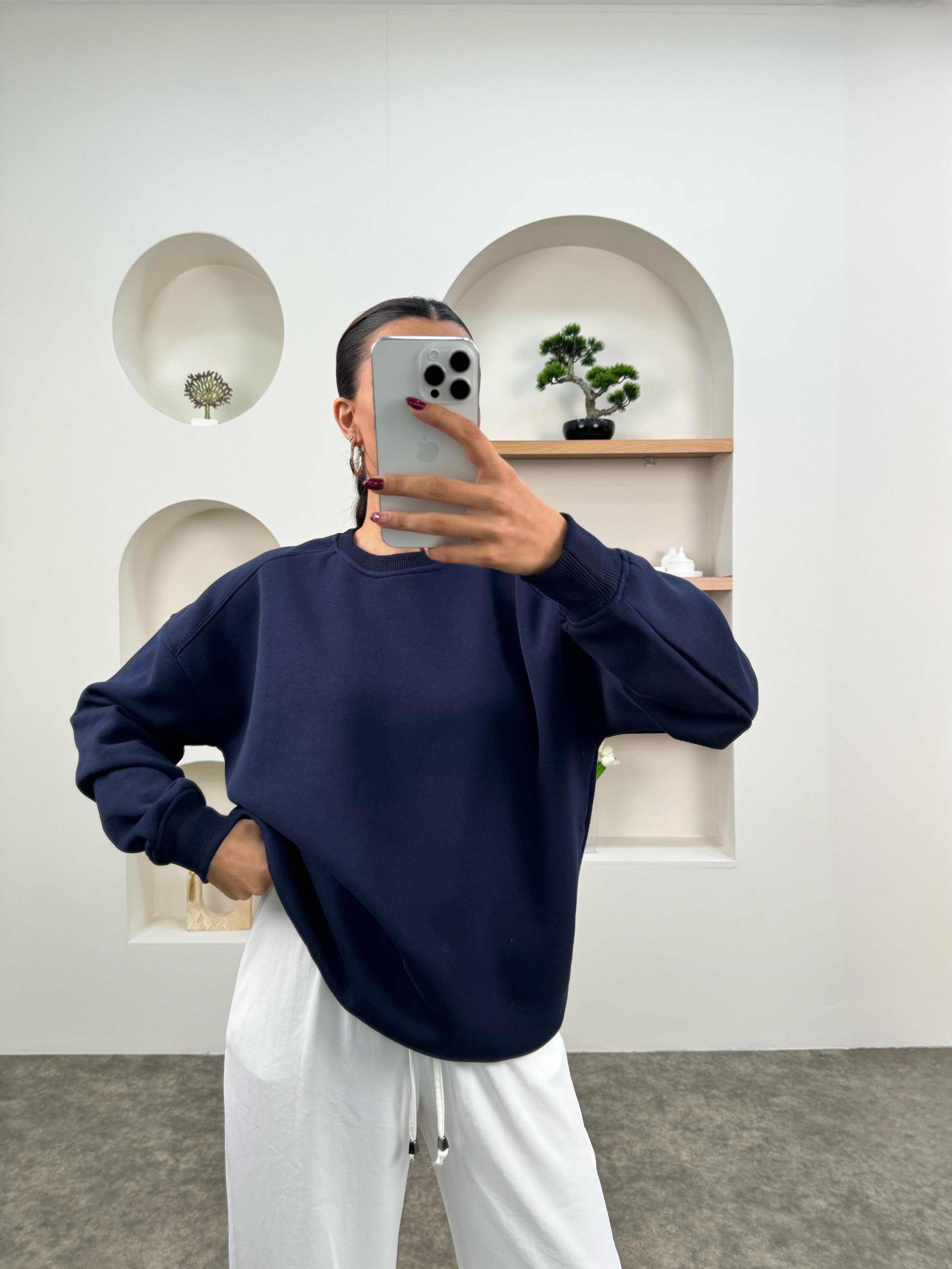 Meksa Lacivert Bisiklet Yaka Şardonlu Sweatshirt