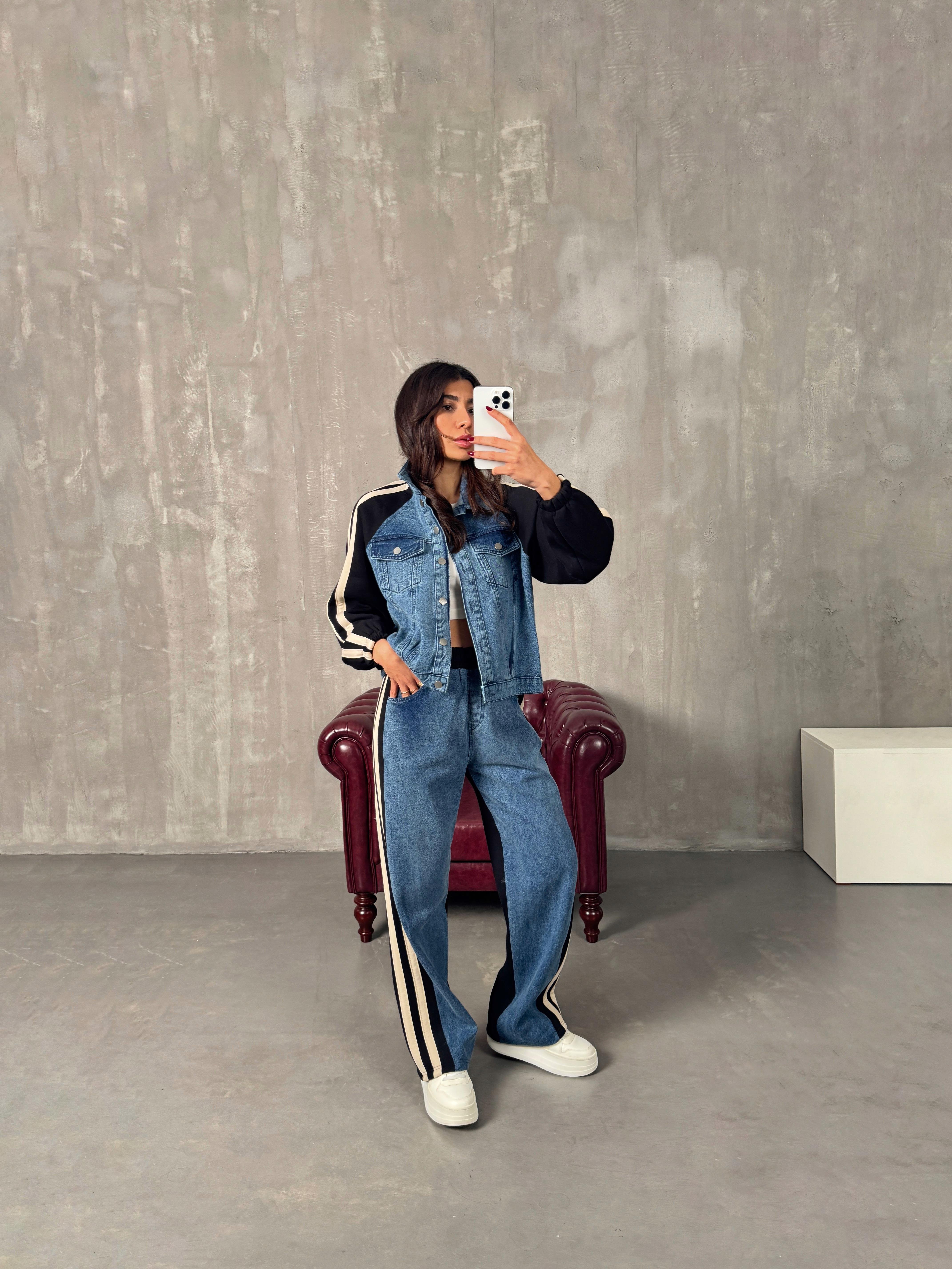 Gong Siyah Denim Karışımlı Şeritli TakımGausTAKIMGU00904033
