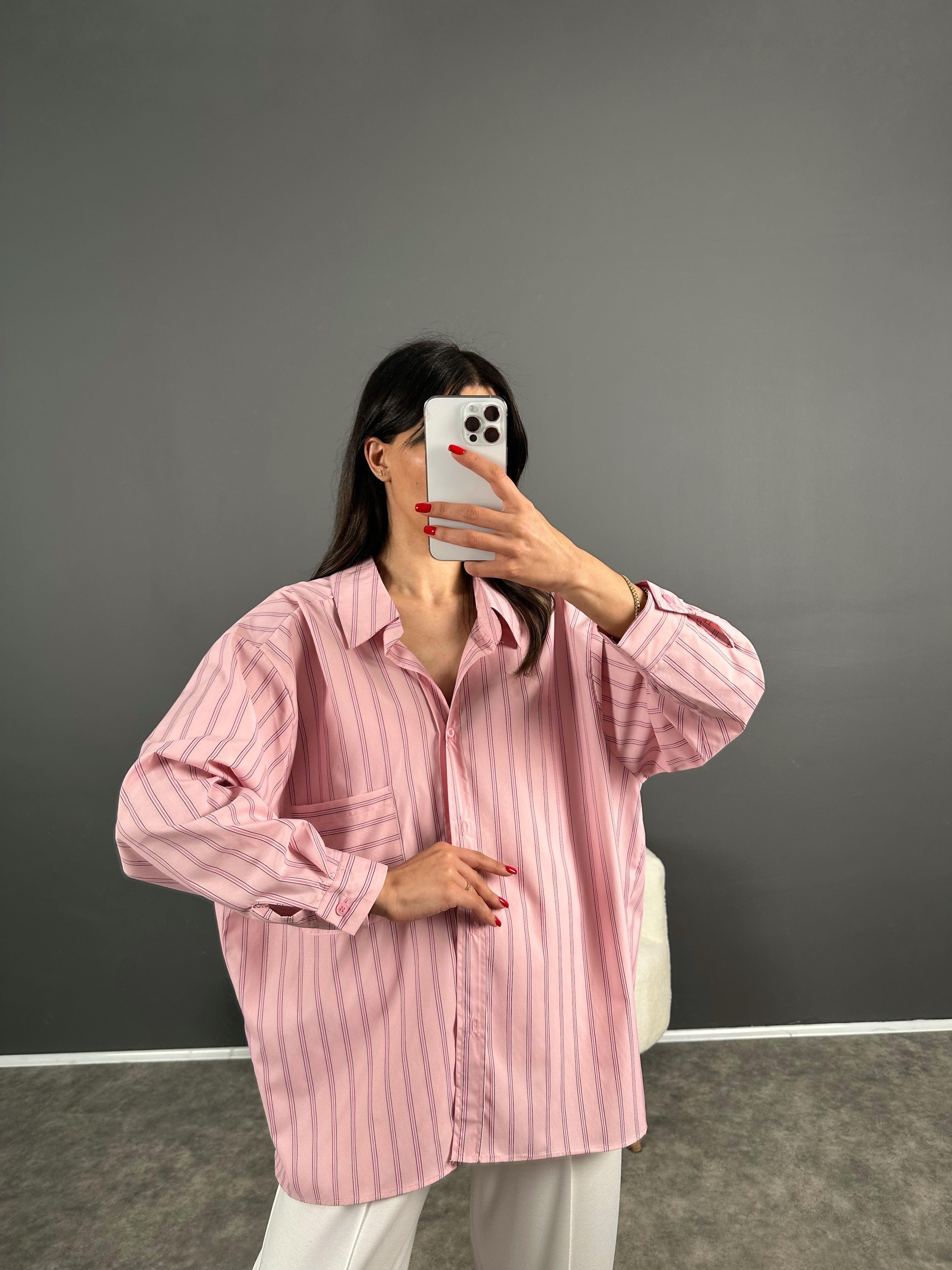 Megass Pembe Çizgili Oversize Gömlek GausGÖMLEKGU004760