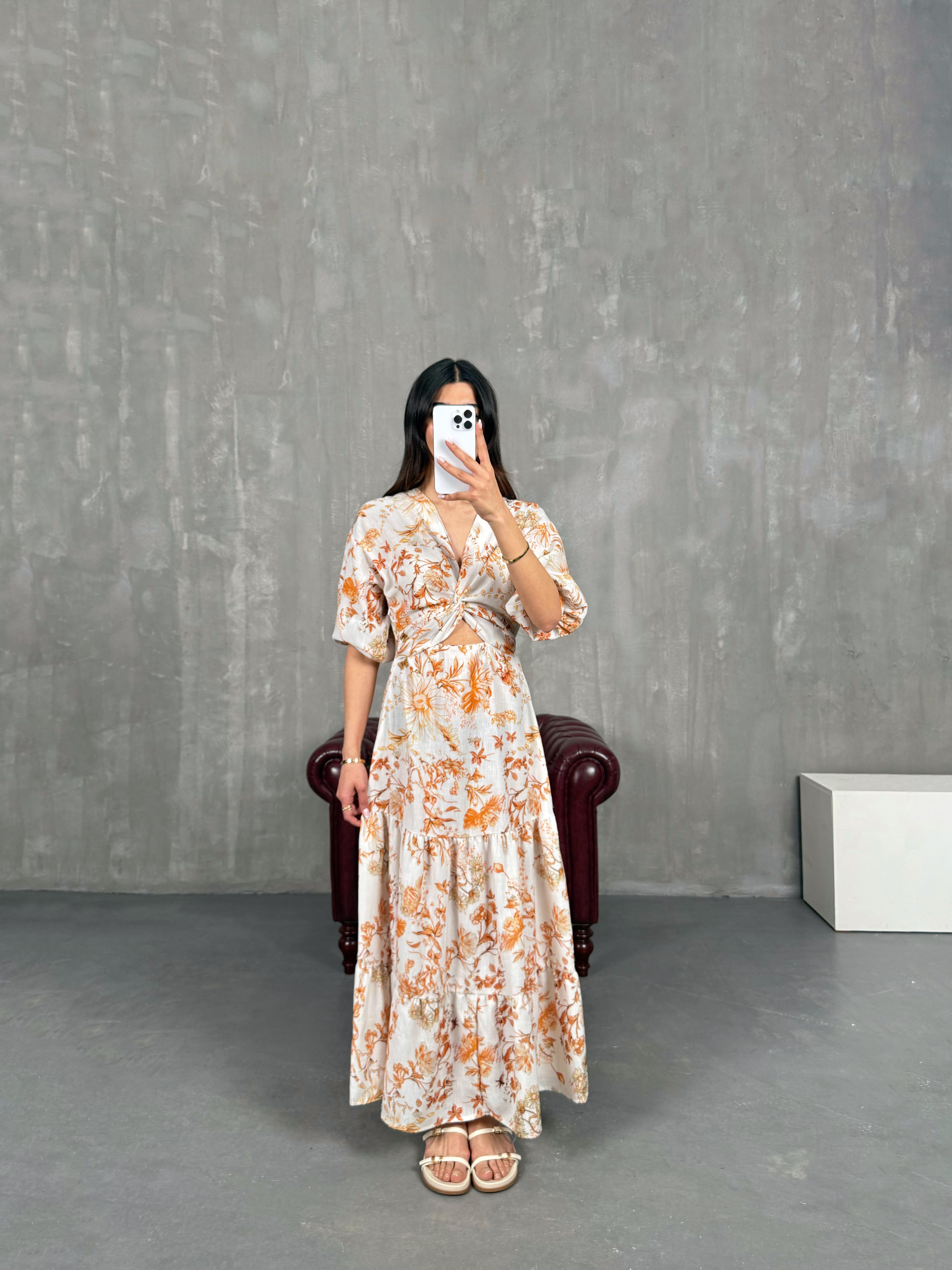 Taş V Yaka Turuncu Çiçek Desenli Beli Lastikli Keten Elbise Gaus00266GausELBİSEGU1001614