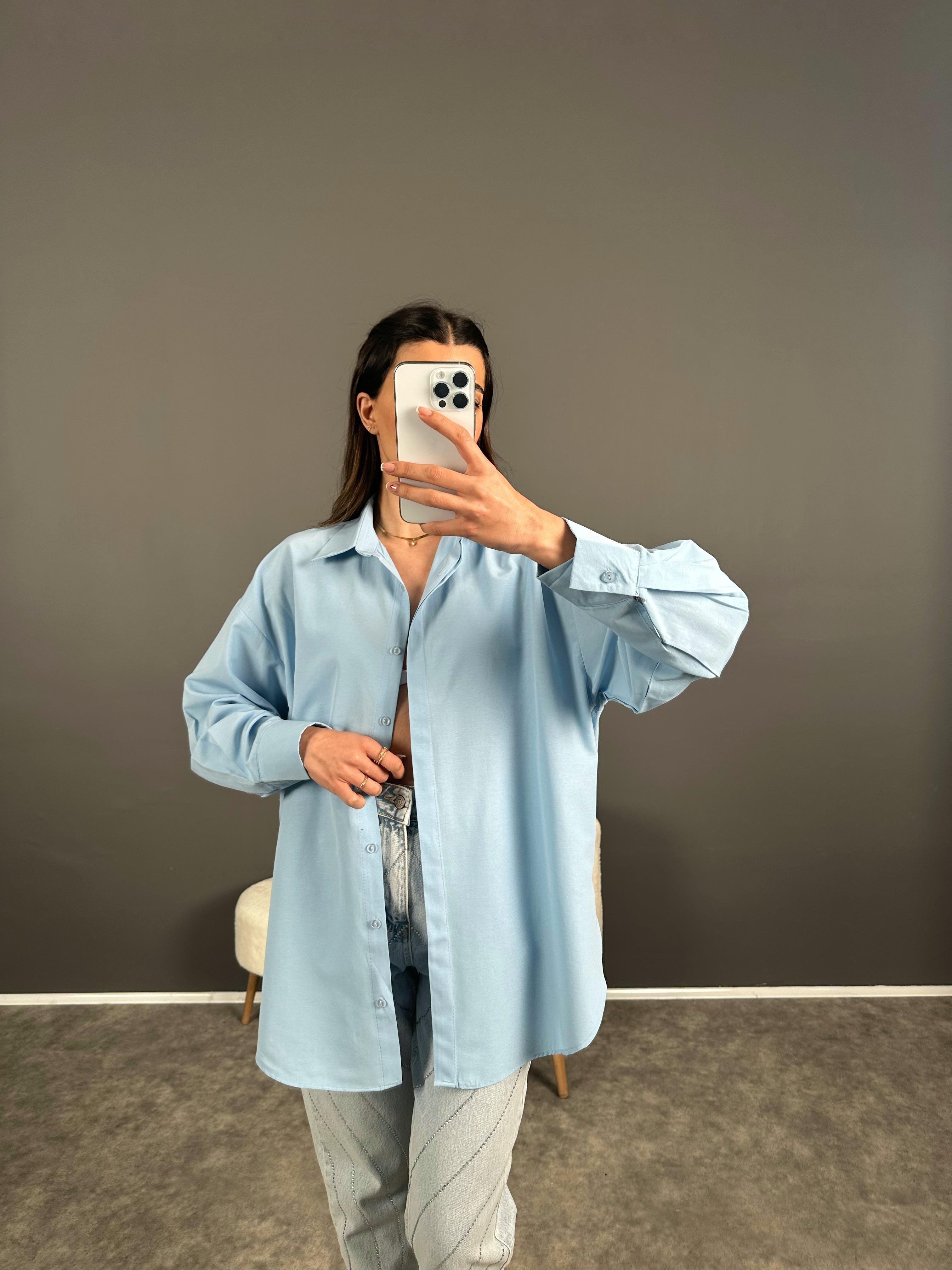 Min Mavi Oversize Gizli Düğmeli Gömlek