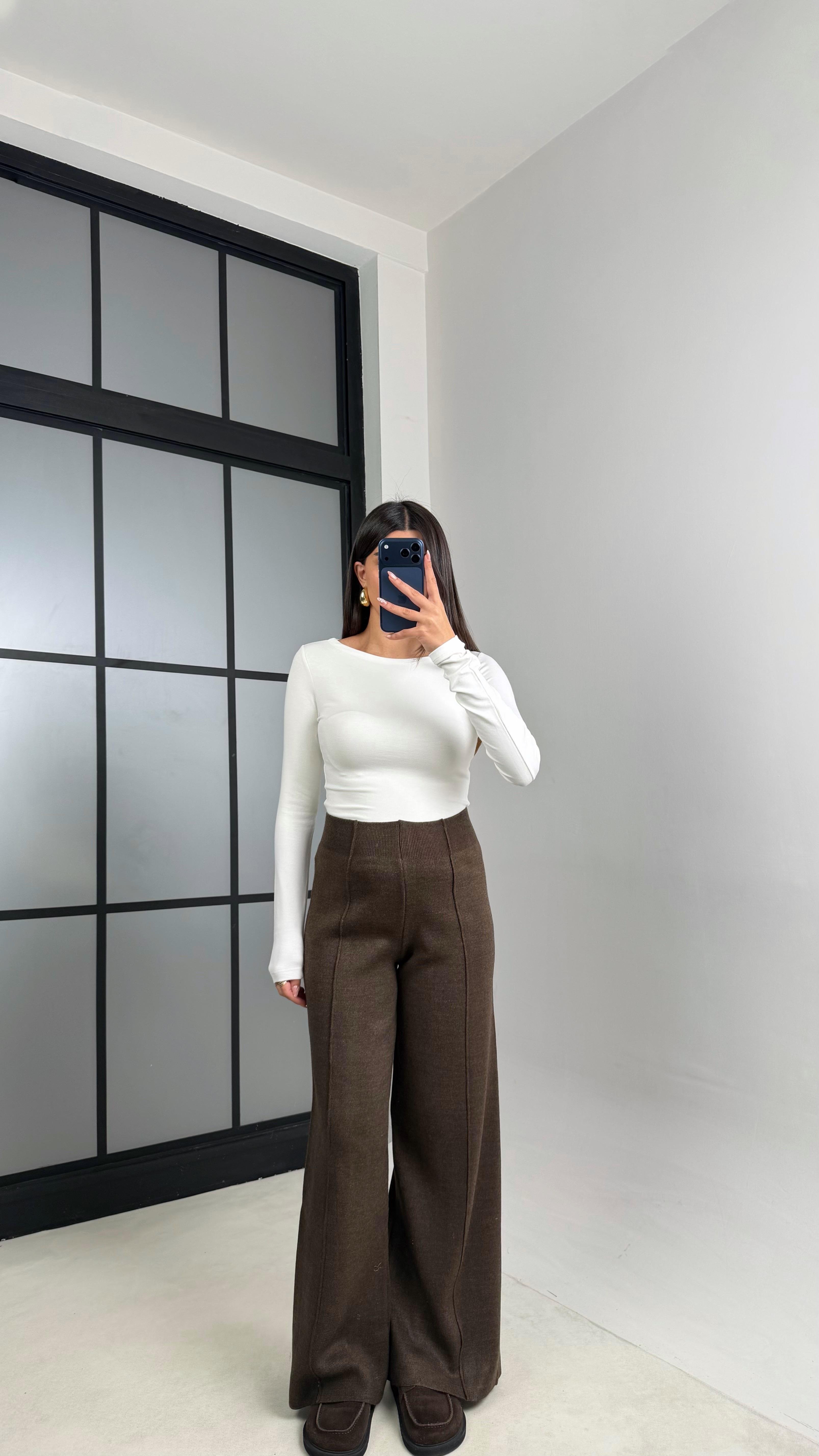 Acı Kahve Beli Lastikli Dikiş Detaylı Triko Pantolon GAUS-00856GAUSPANTOLONGAUS-00856