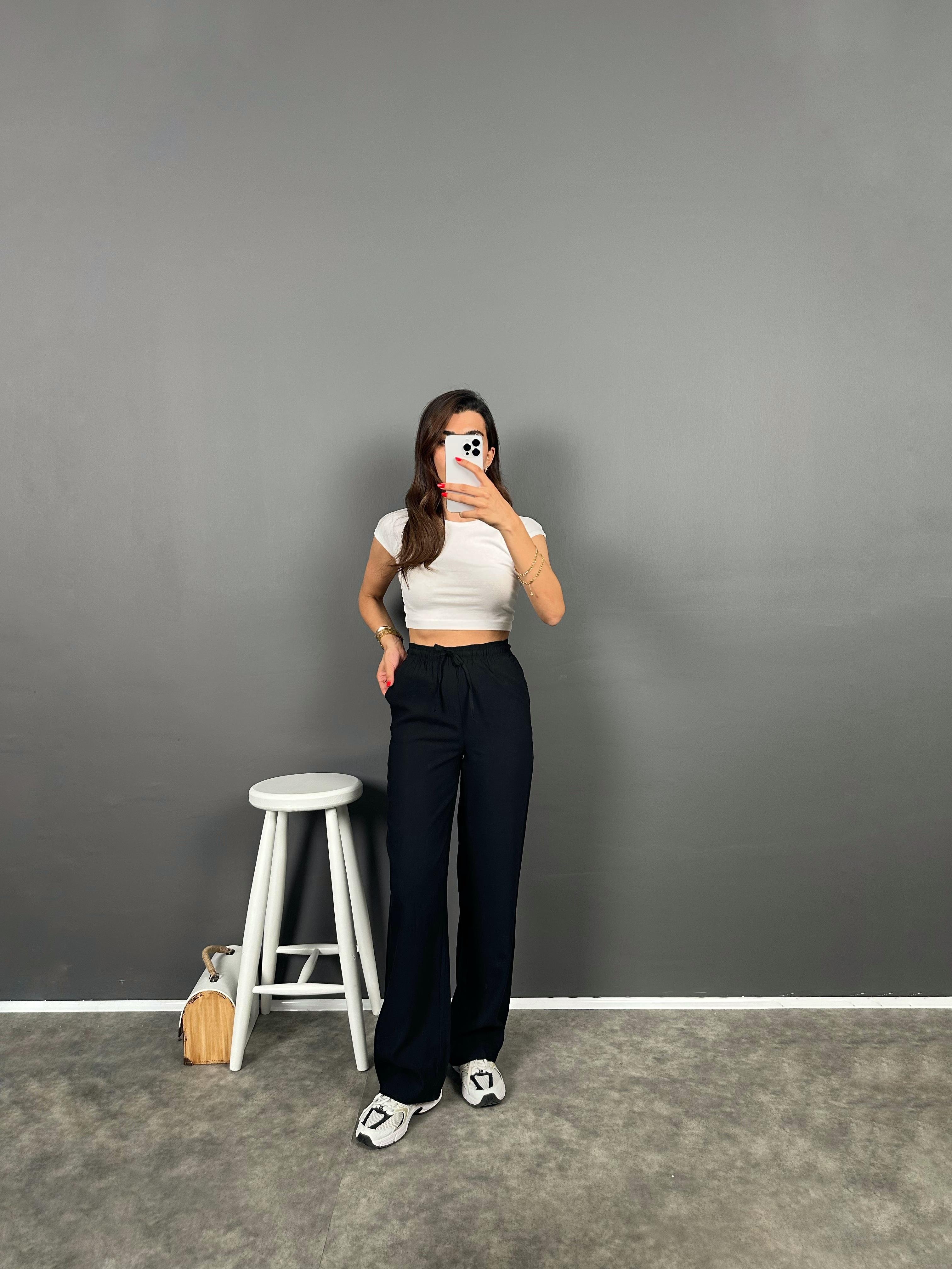 Flay Siyah İthal Kumaş ZR Model Bel Bağlamalı Rahat Pantolon