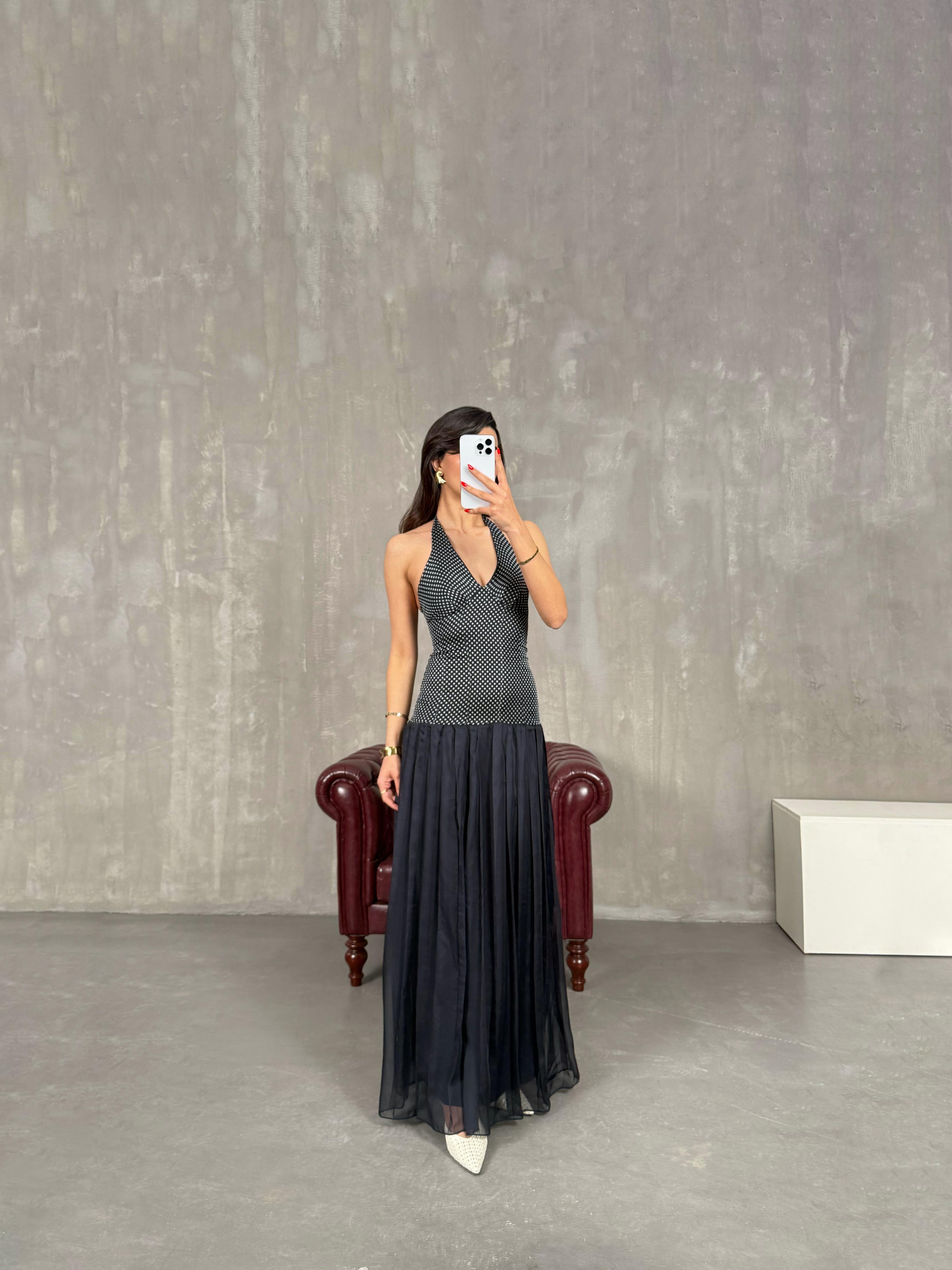 Lacivert Boyundan Bağlamalı Pileli Astarlı Elbise Gaus00215GausELBİSEGU1001498