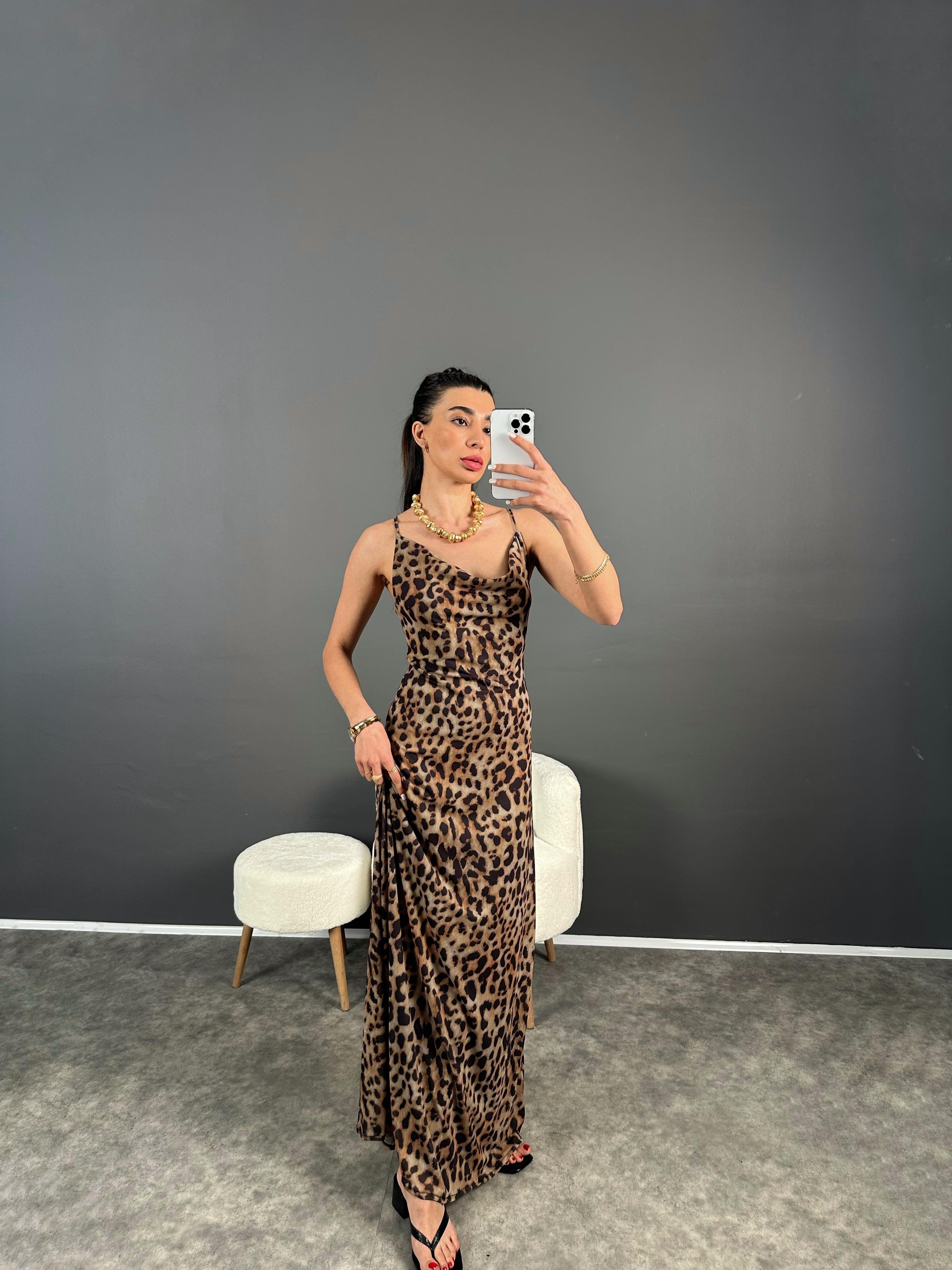 Pinterest Leoparlı Astarlı Askılı Uzun Elbise GausELBİSEGU007283