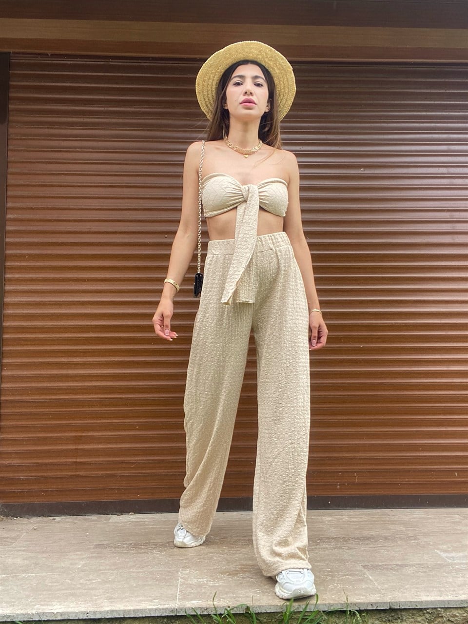 Abella Bej Crop Pantolon Takım GausTAKIMGU00333