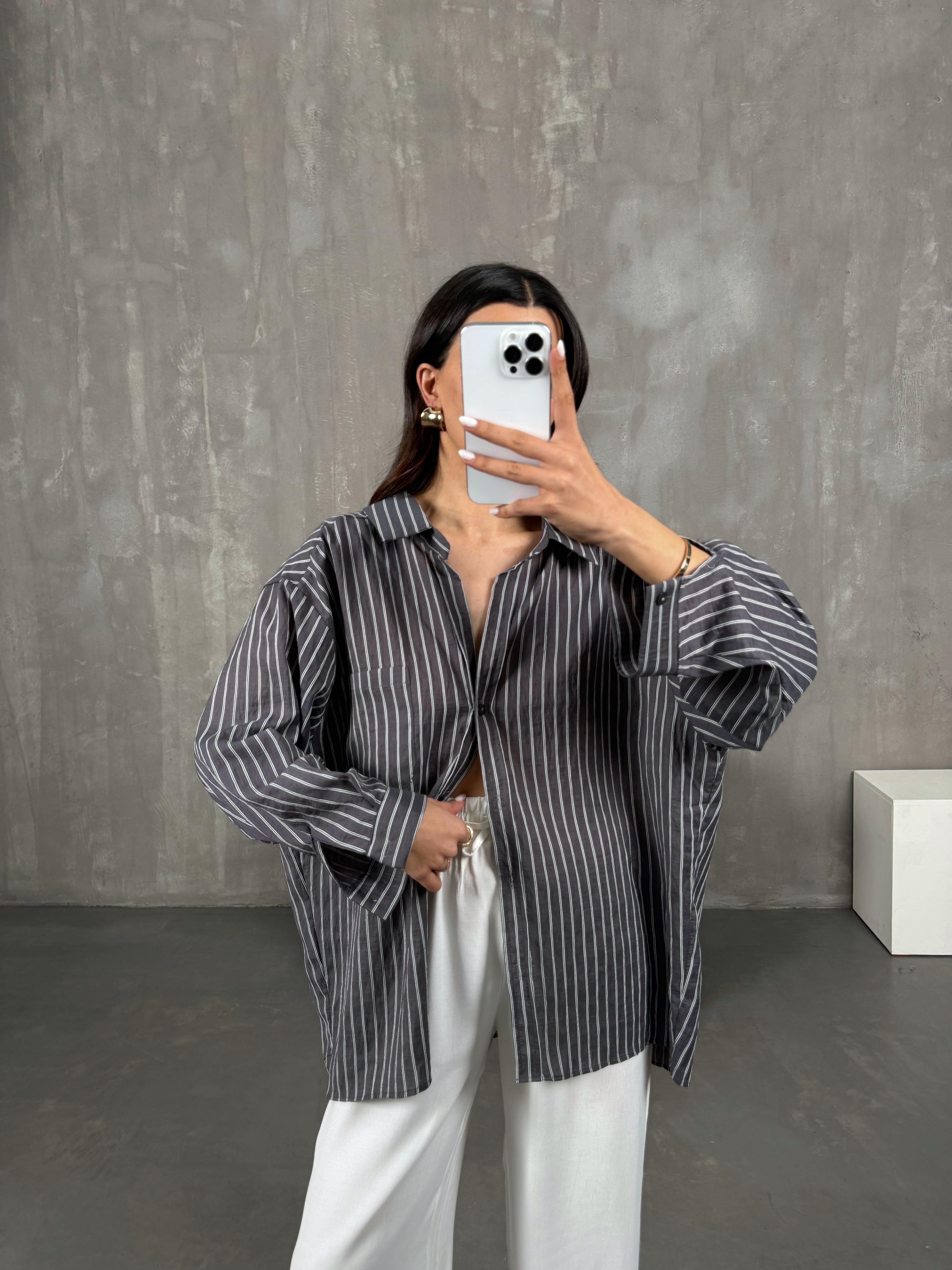 Antrasit Çizgili Oversize Gömlek Gaus0004GausGÖMLEKGU100984