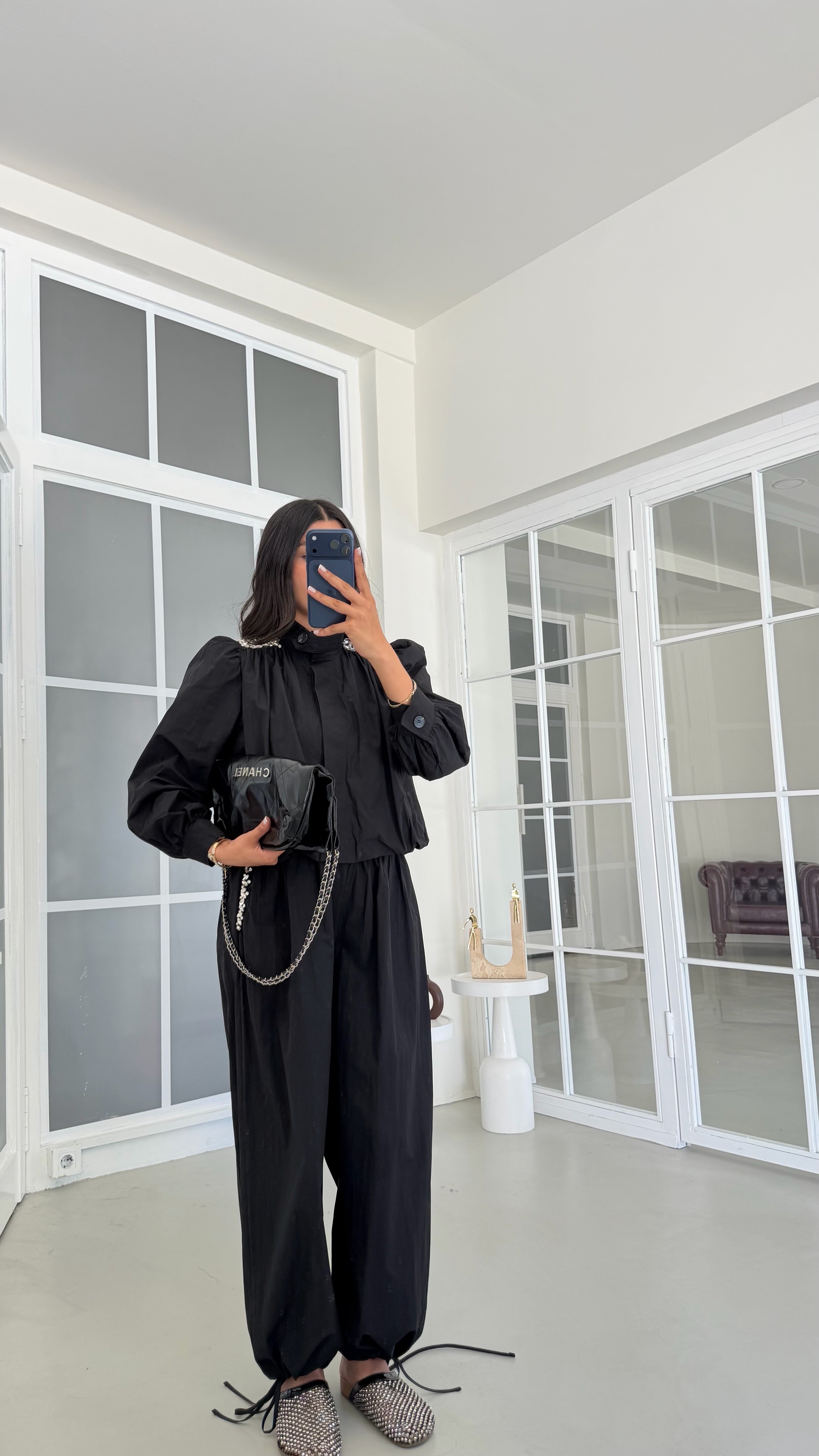 Siyah Taş Detaylı Astarlı Ceket Beli Lastikli Pantolon İkili Paraşüt Kumaş Takım GAUS-02087GAUSTAKIMGAUS-02087