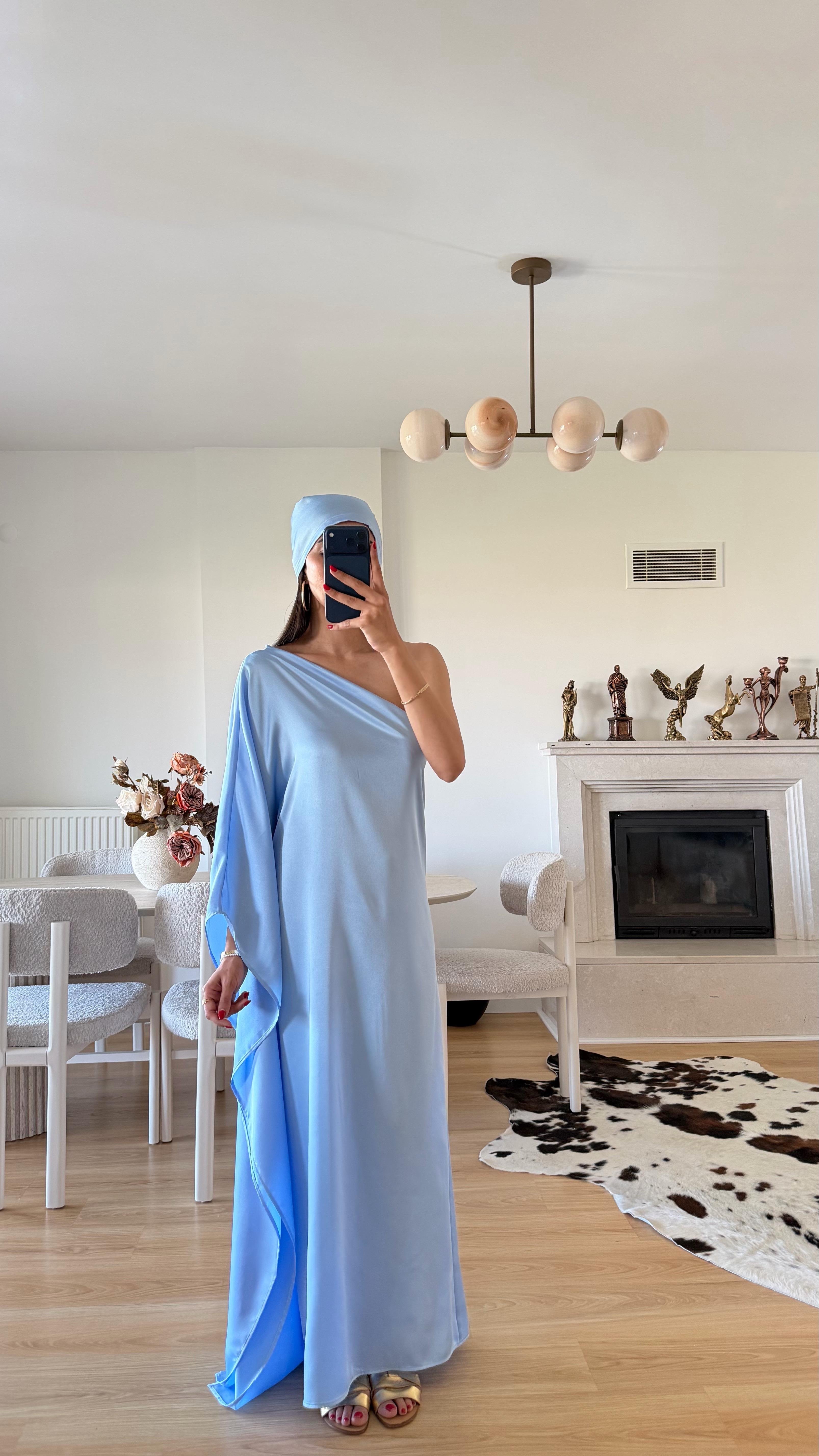 Mavi Bandanalı Tek Omuz Saten Elbise GAUS-01645GAUSELBİSEGAUS-01645