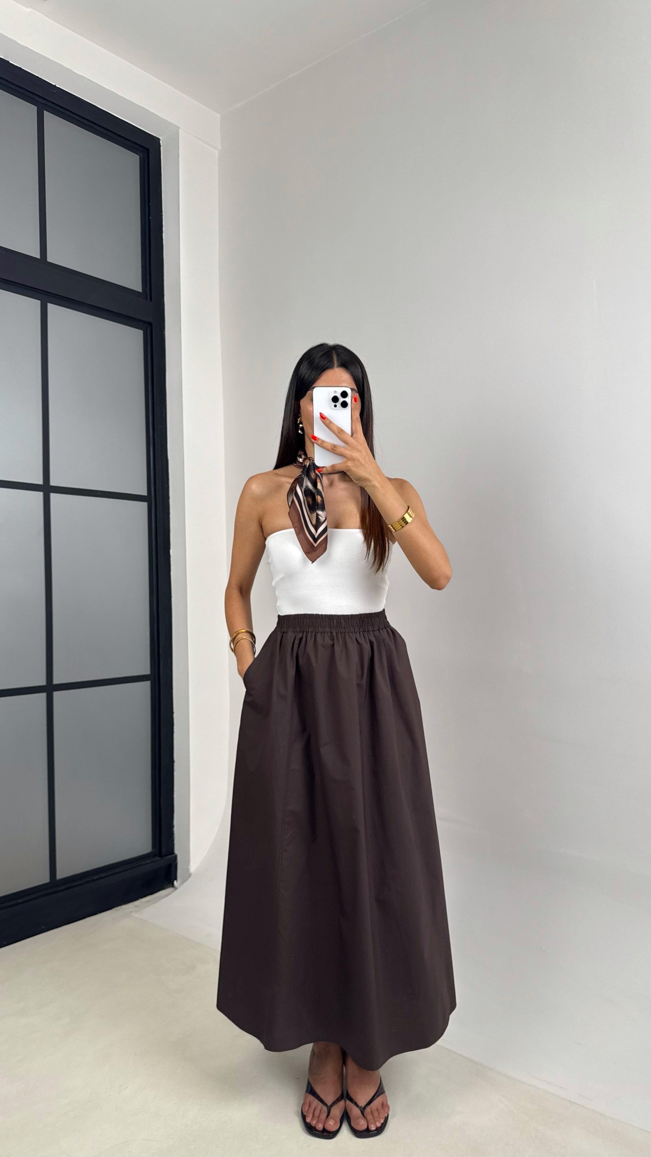 Acı Kahve Beli Lastikli Cepli Poplin Etek GAUS-0041GAUSETEKGAUS-0041