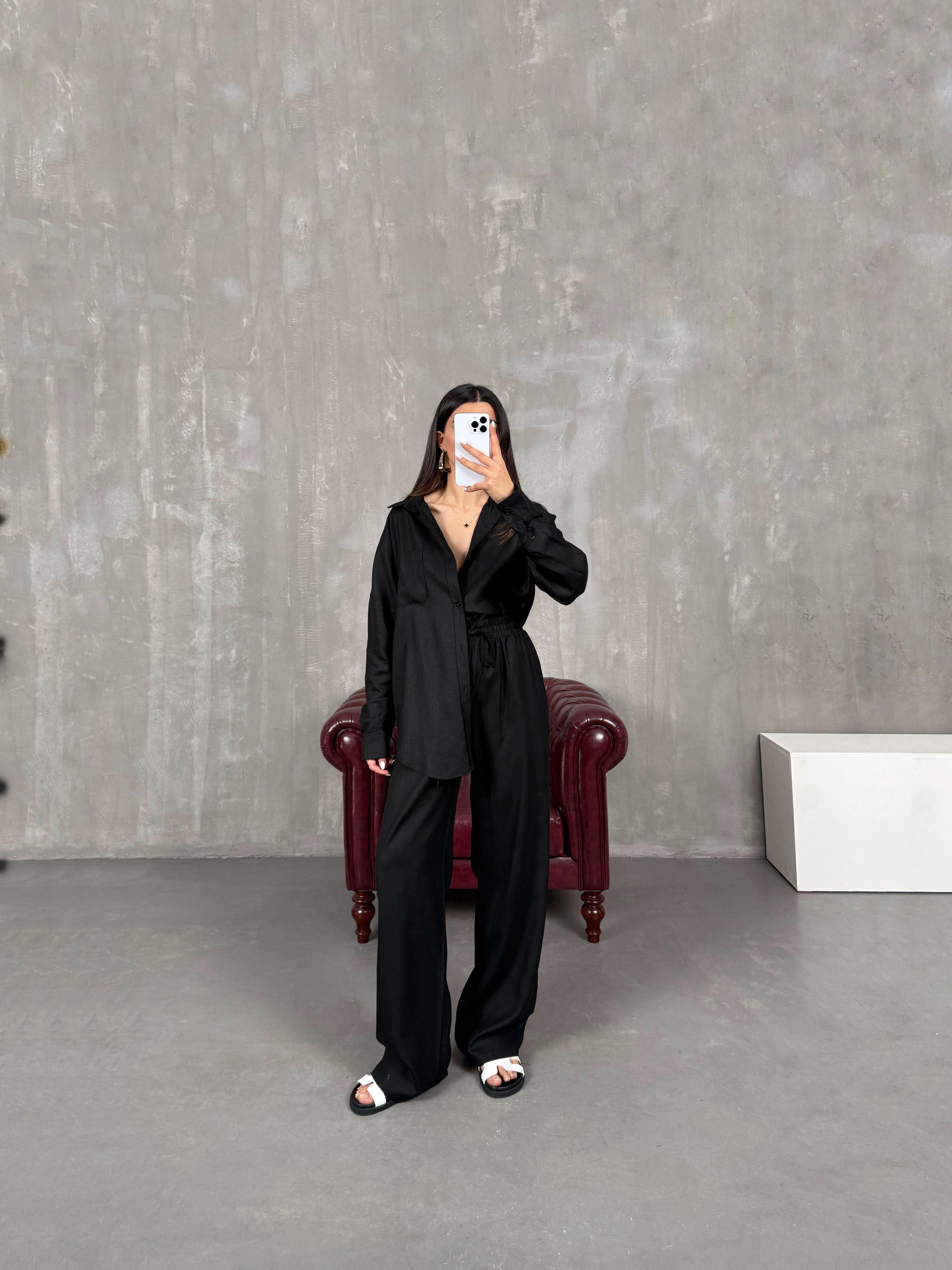 طقم مُعادل كتان لون أسود بنطال قميص Gaus00080