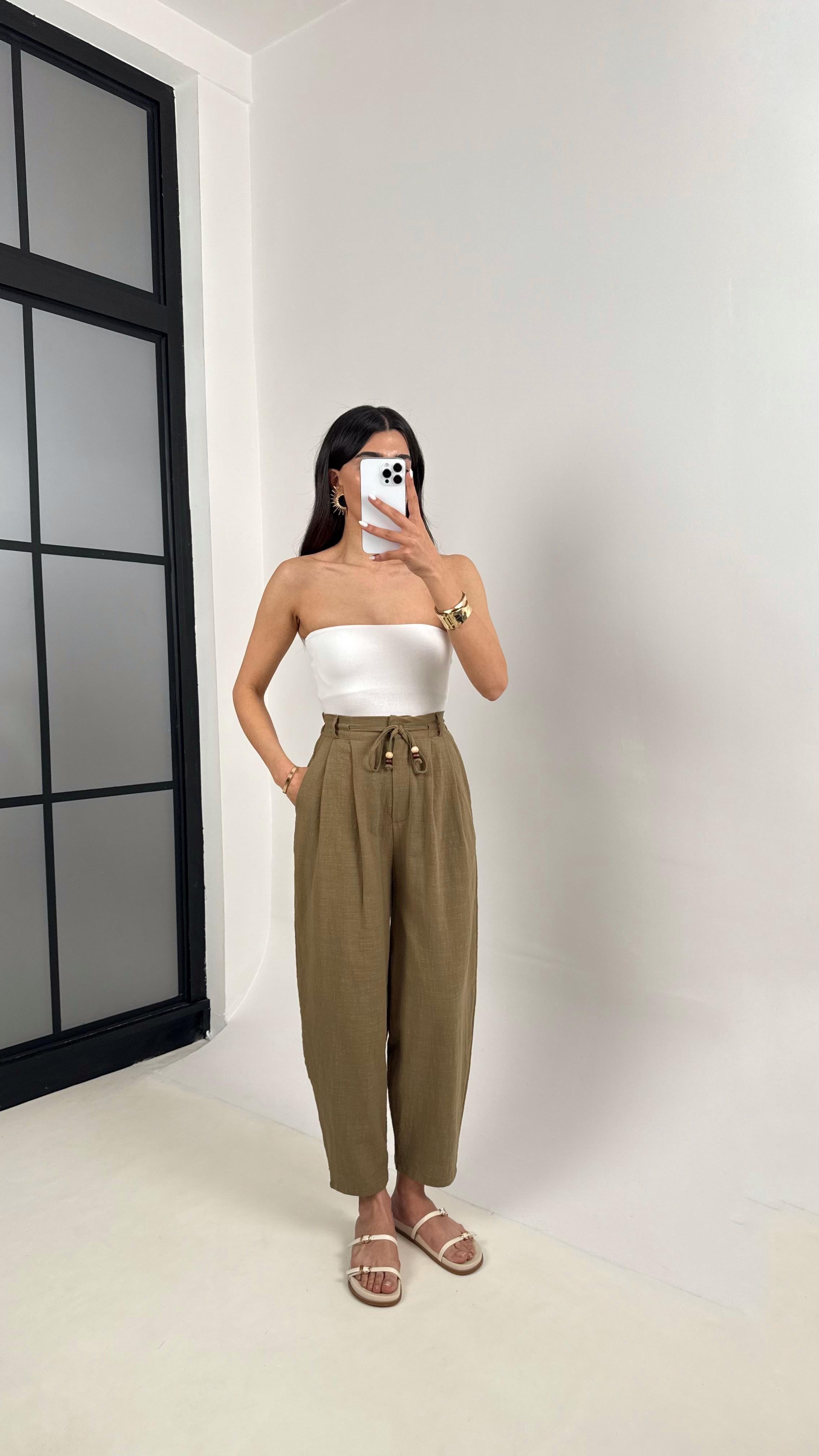 Haki Cepli Kuşaklı Balon Keten Pantolon Gaus00383GausPANTOLONGU1001891