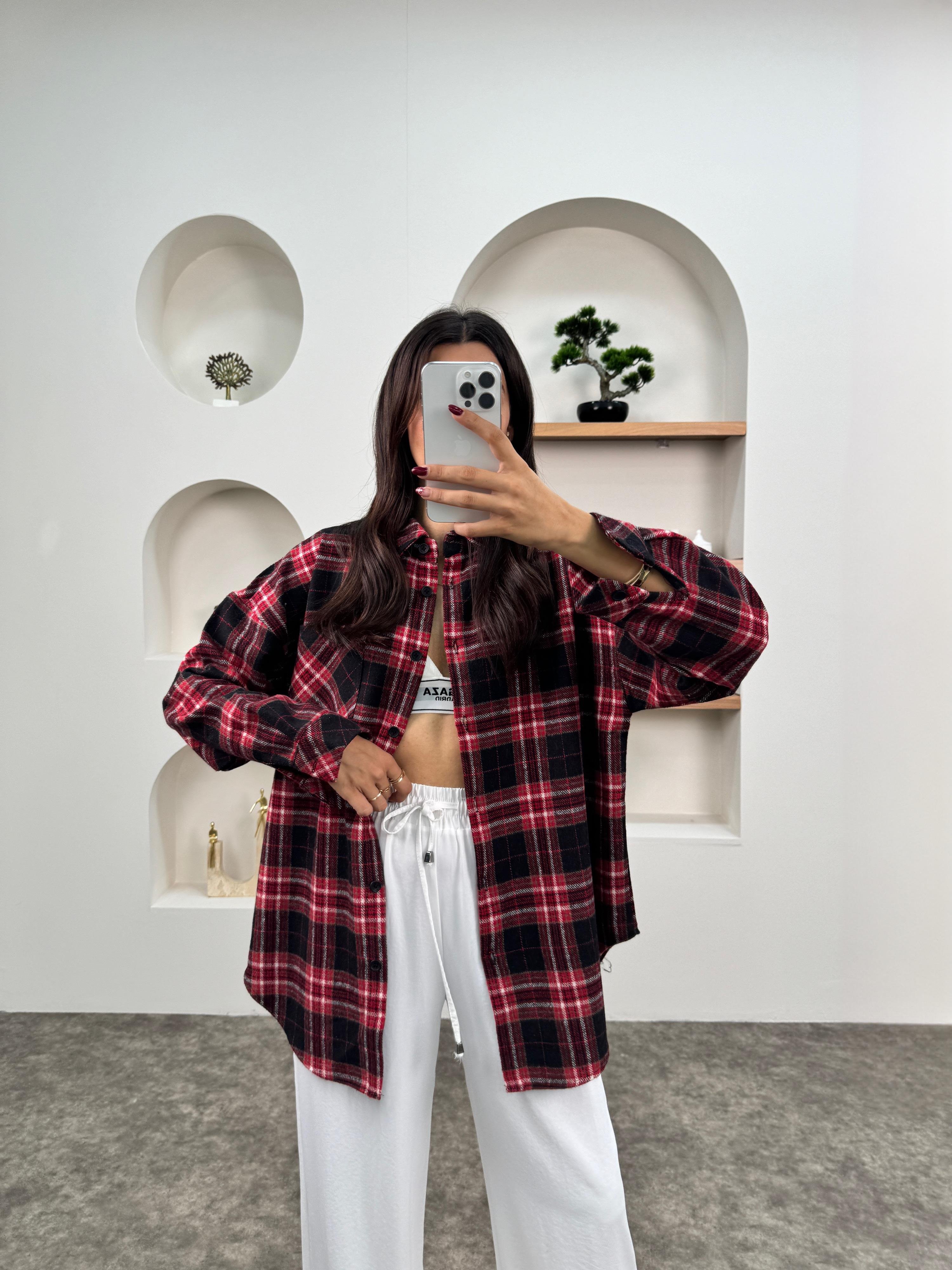 Raga Kırmızı Kareli Kaşe Oduncu Oversize Gömlek