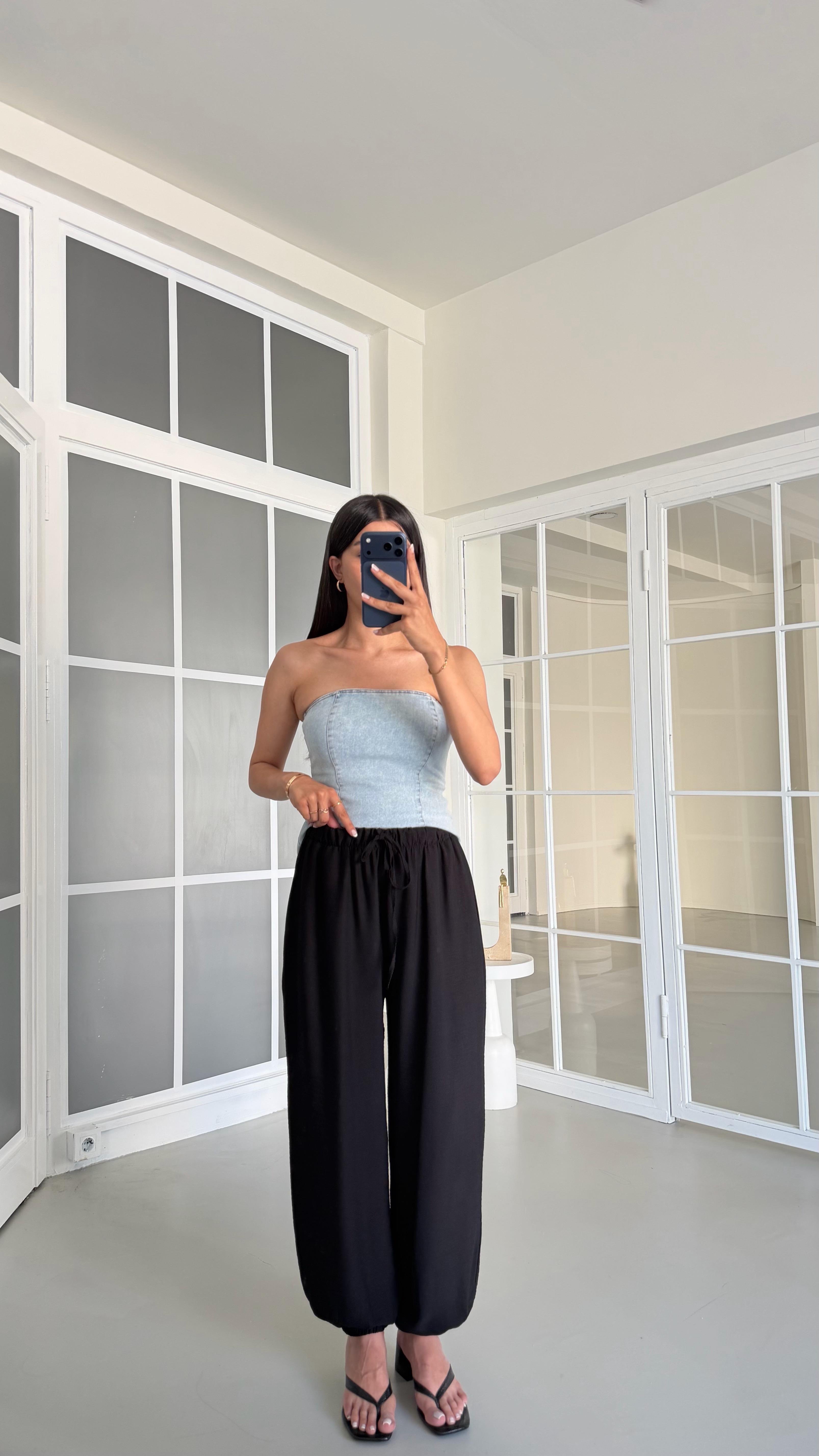 Siyah Beli Lastikli Keten Şalvar Pantolon GAUS-01518GAUSPANTOLONGAUS-01518