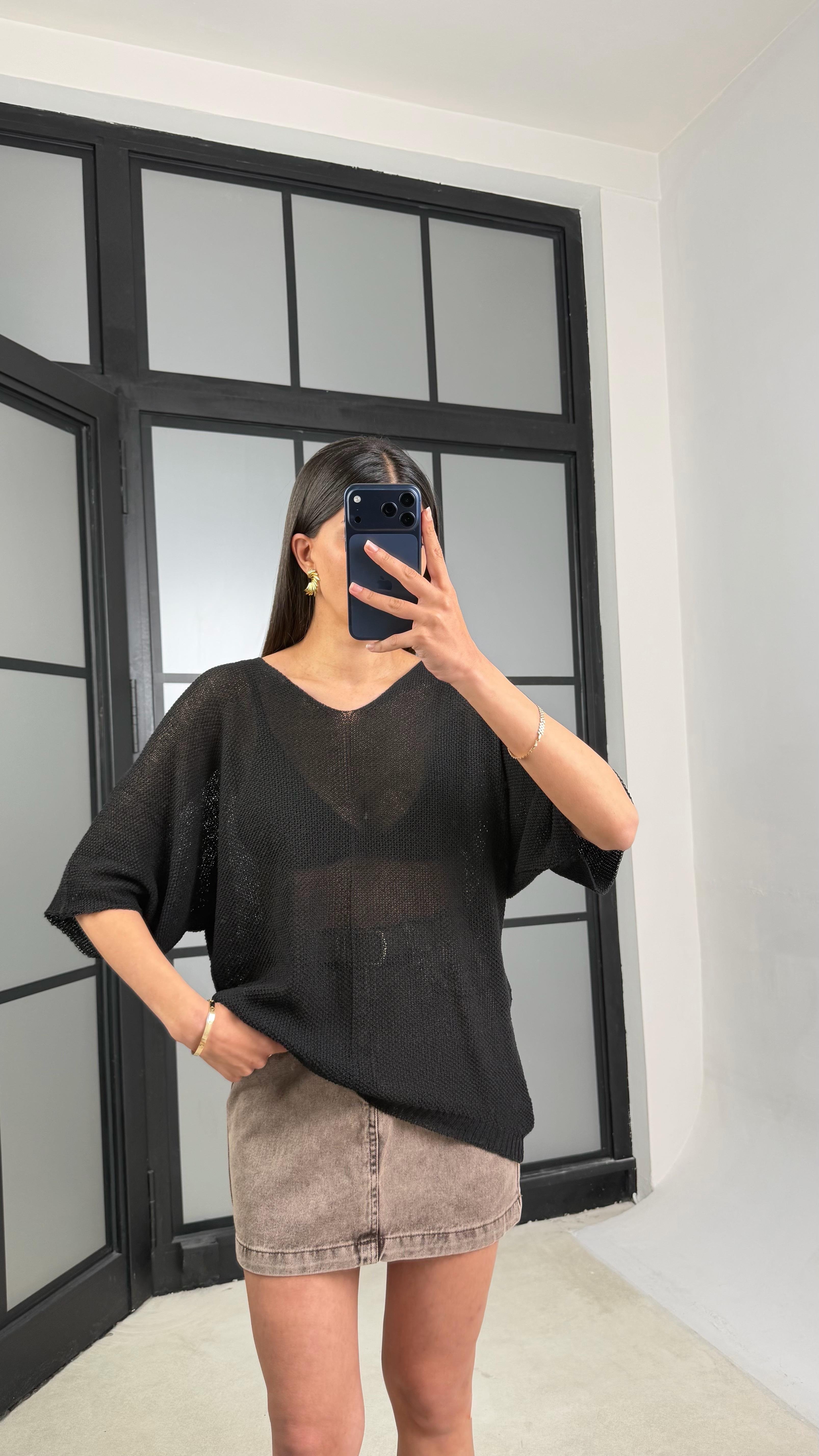 Siyah Yarasa Kol Ajurlu Triko Bluz GAUS-01443GAUSBLUZGAUS-01443