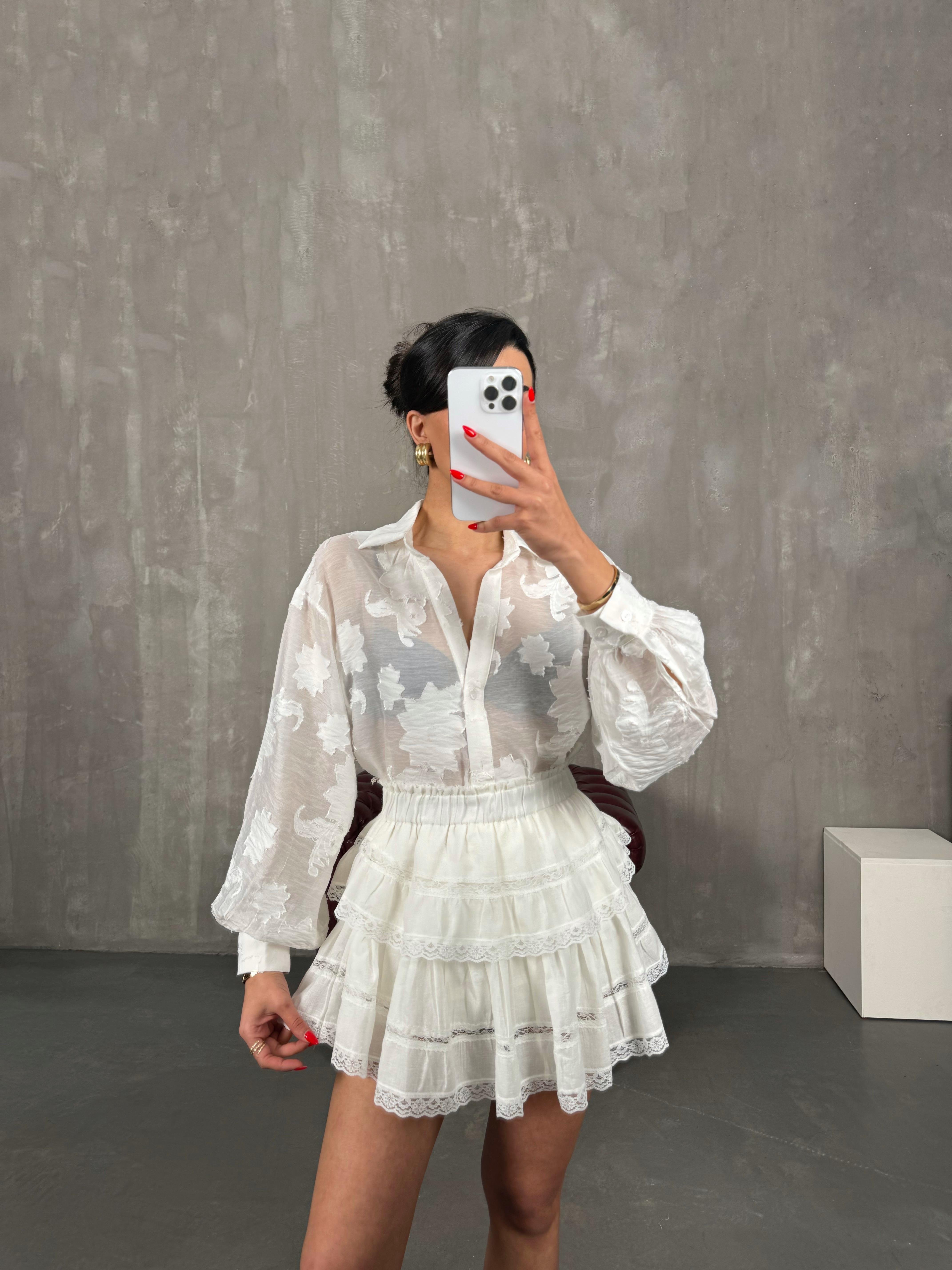 Beyaz Dantel Detaylı Astarlı Keten Etek Gaus00219GausETEKGU1001503