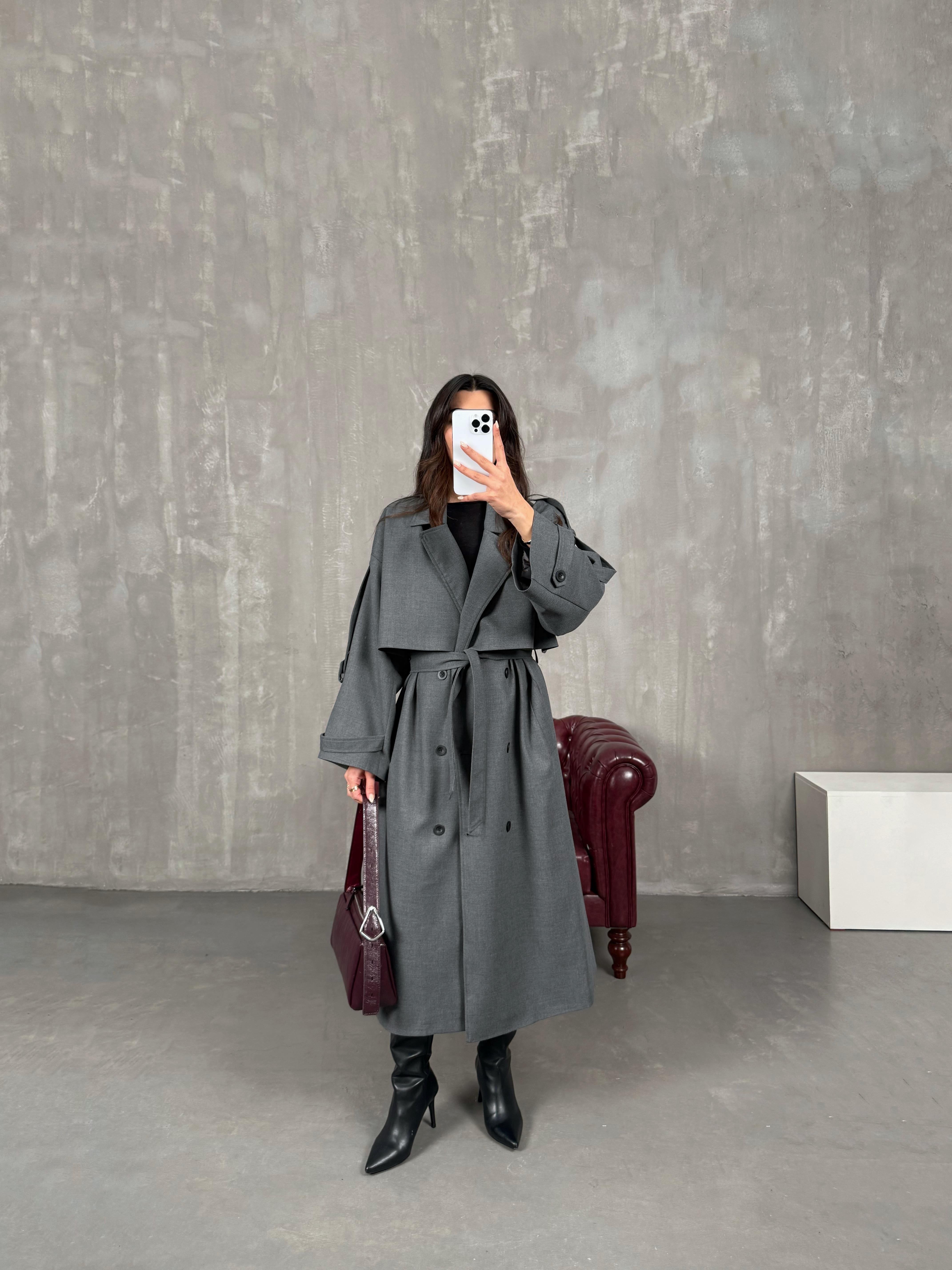 Telsa Antrasit Kuşaklı Poliviskon Astarlı Premium Trençkot GausKABANGU100771