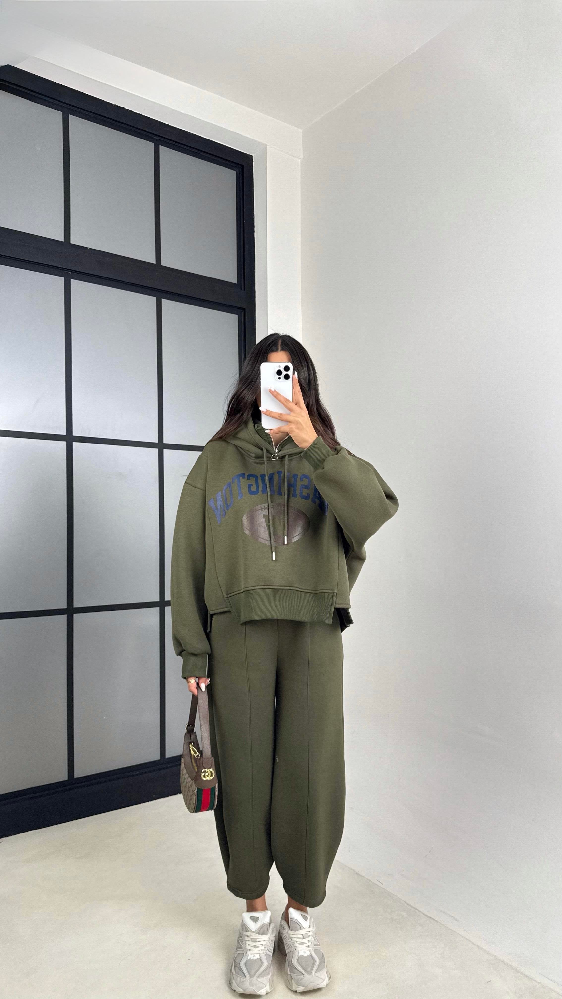 Haki Kapüşonlu Sweatshirt Beli Lastikli Pantolon 3 İplik Şardonlu Takım GAUS-00530GAUSTAKIMGAUS-00530