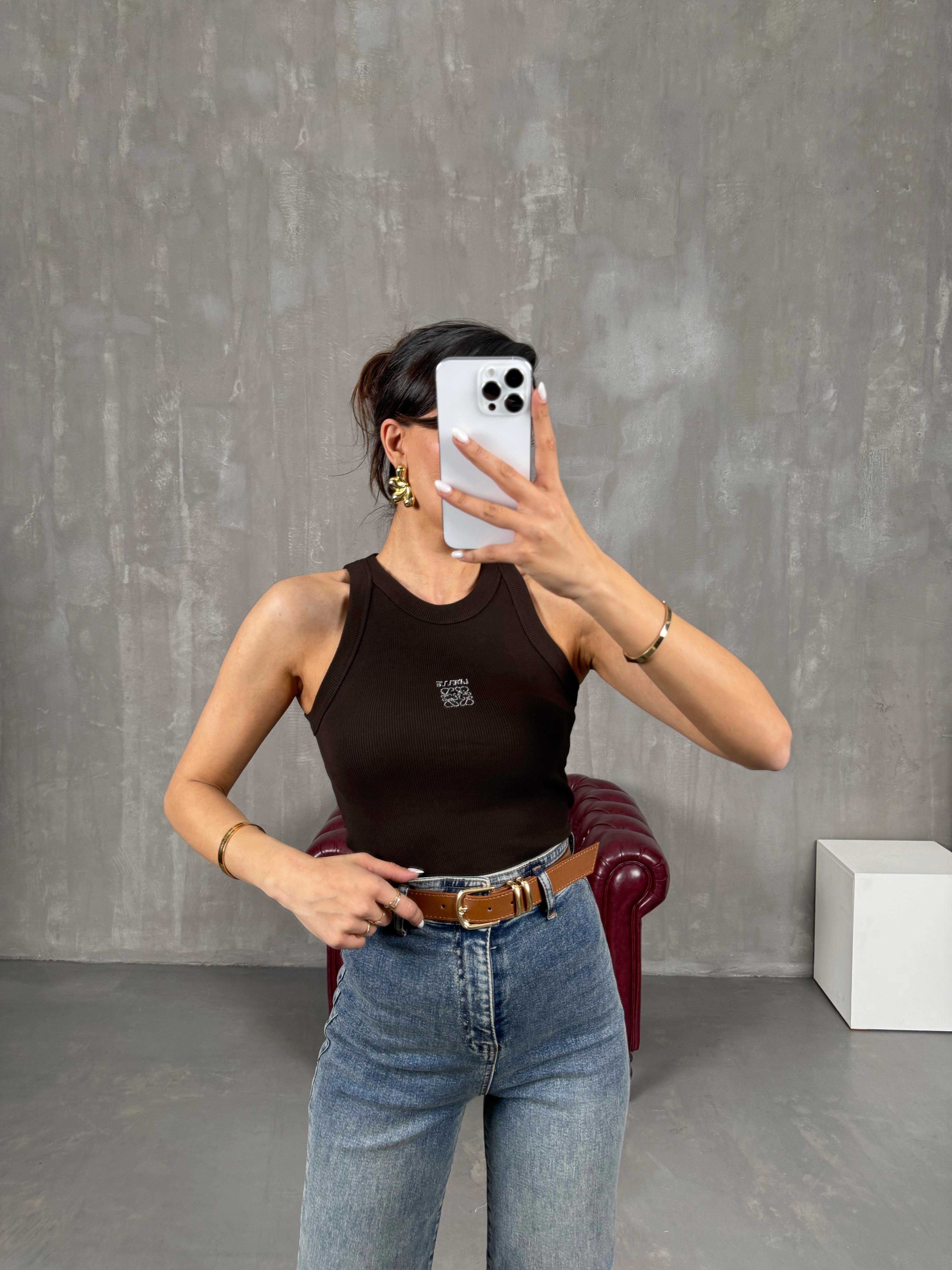 Kahve Taş Baskılı Sıfır Kol Tshirt Gaus00046GausTSHIRTGU1001095