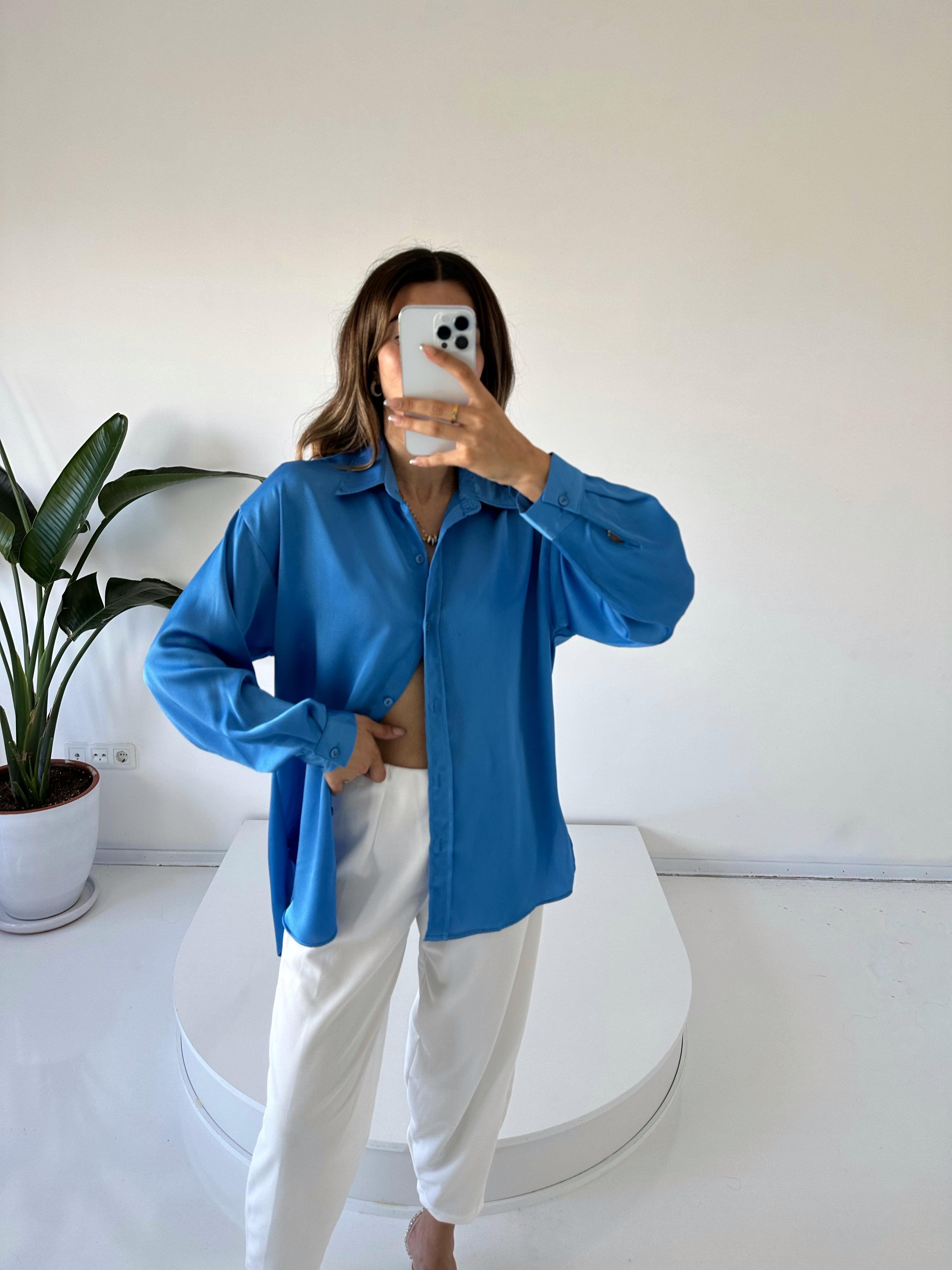 Areli Mavi Saten Gömlek 