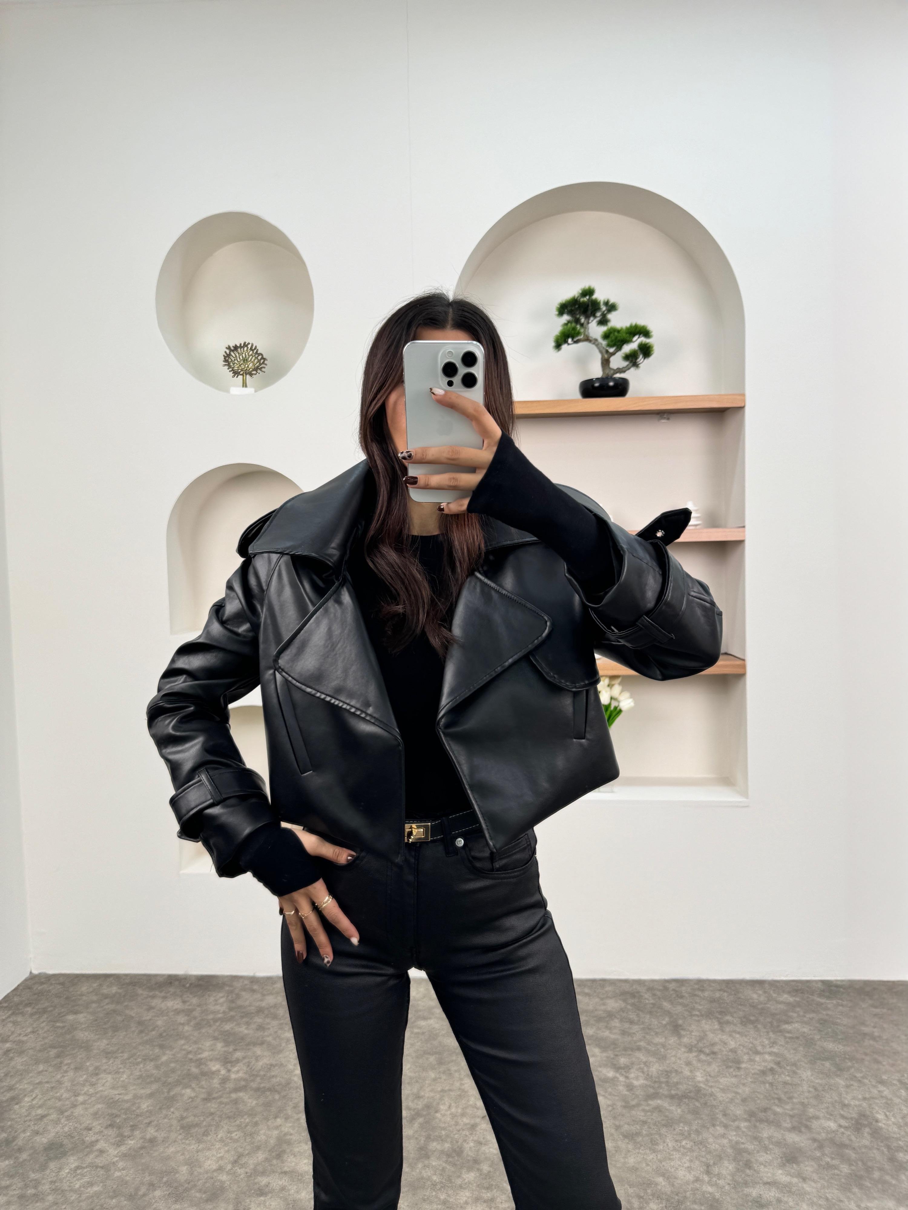 Nova Siyah Premium Tasarım Astarlı Deri Ceket