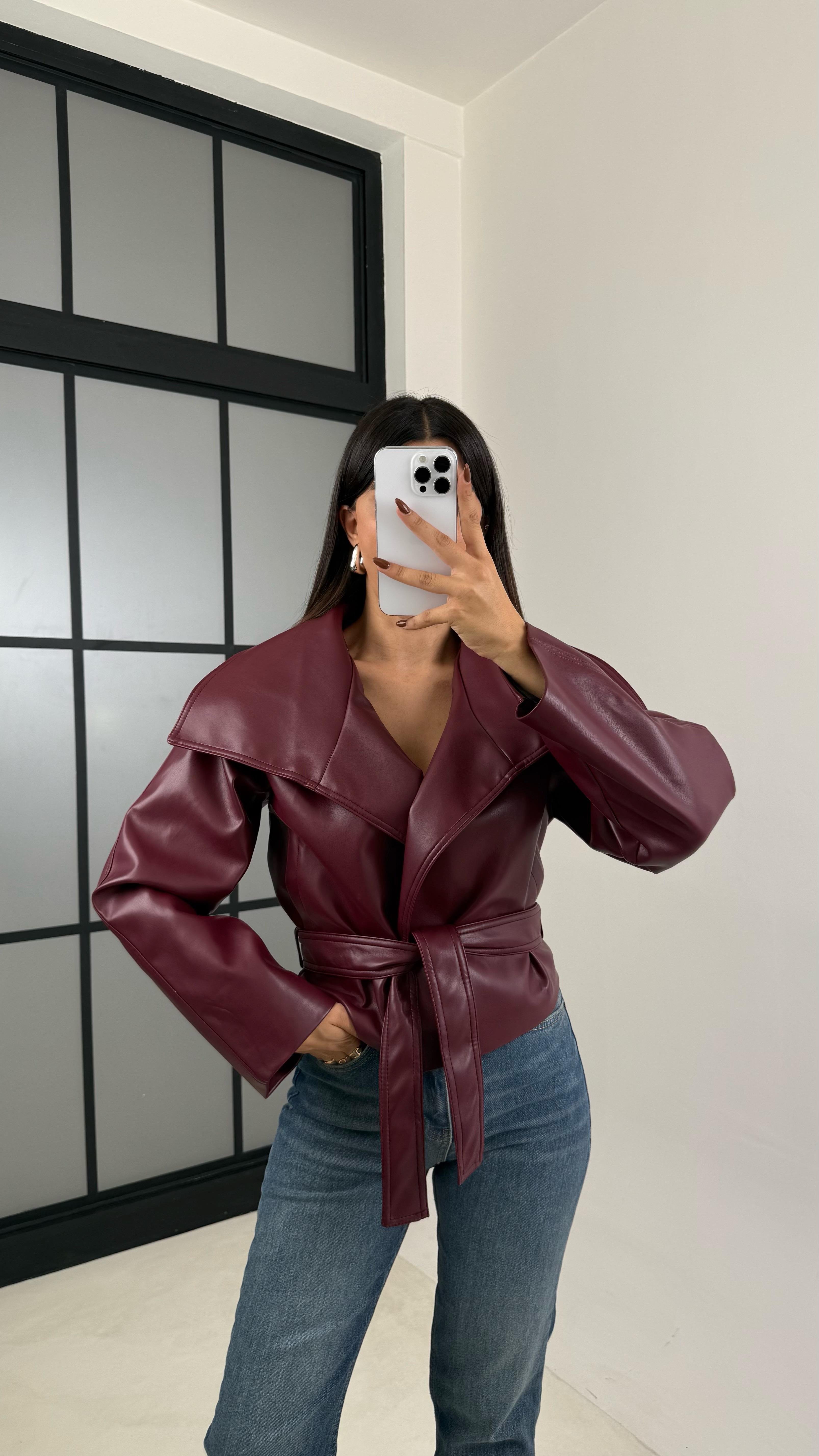 Bordo Deri Astarlı Kemerli Ceket GAUS-00338GAUS السترات  GAUS-00338