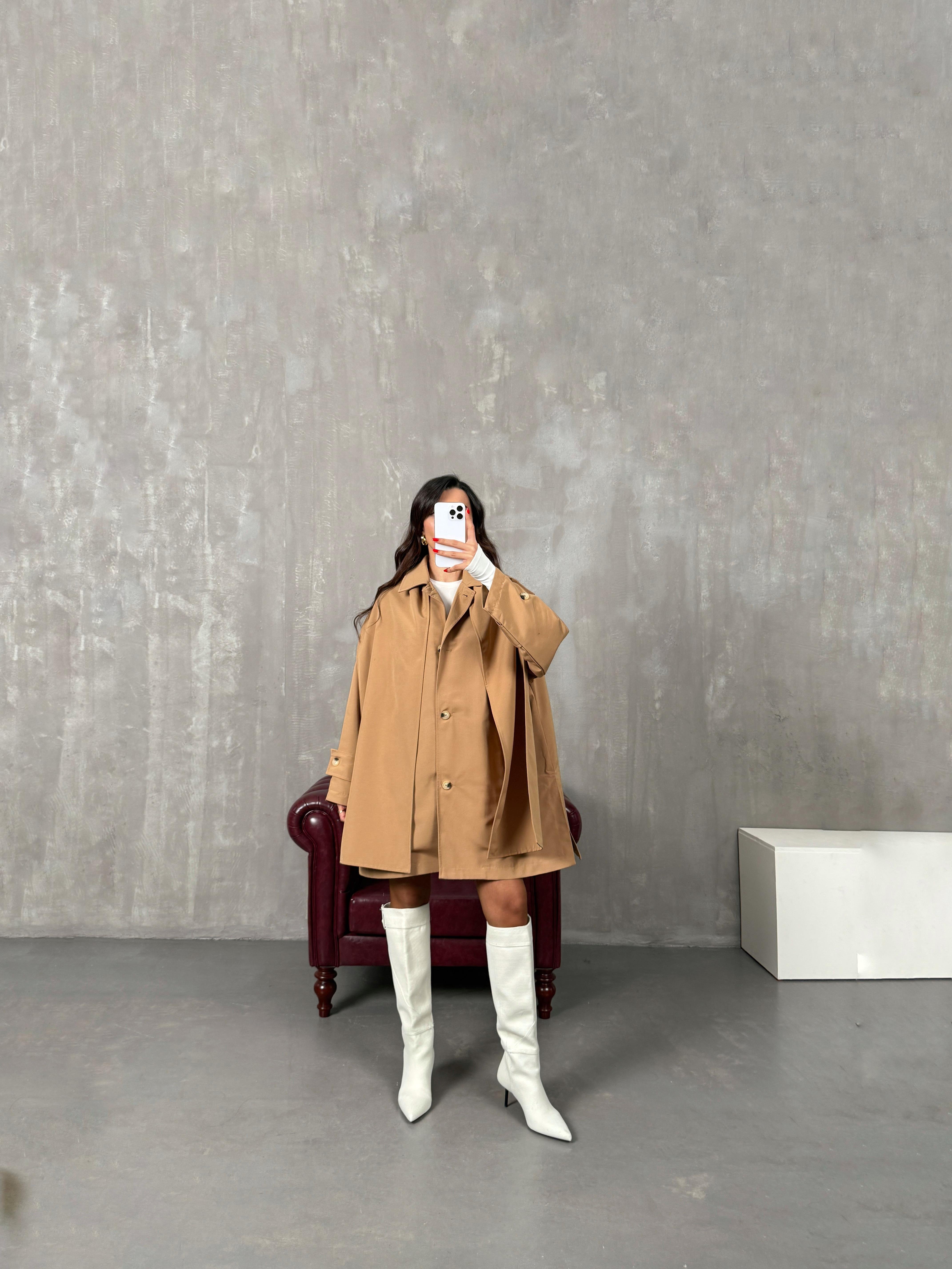 Raven Camel ORJ MD Etiketli Astarlı Atkı Detaylı Trençkot