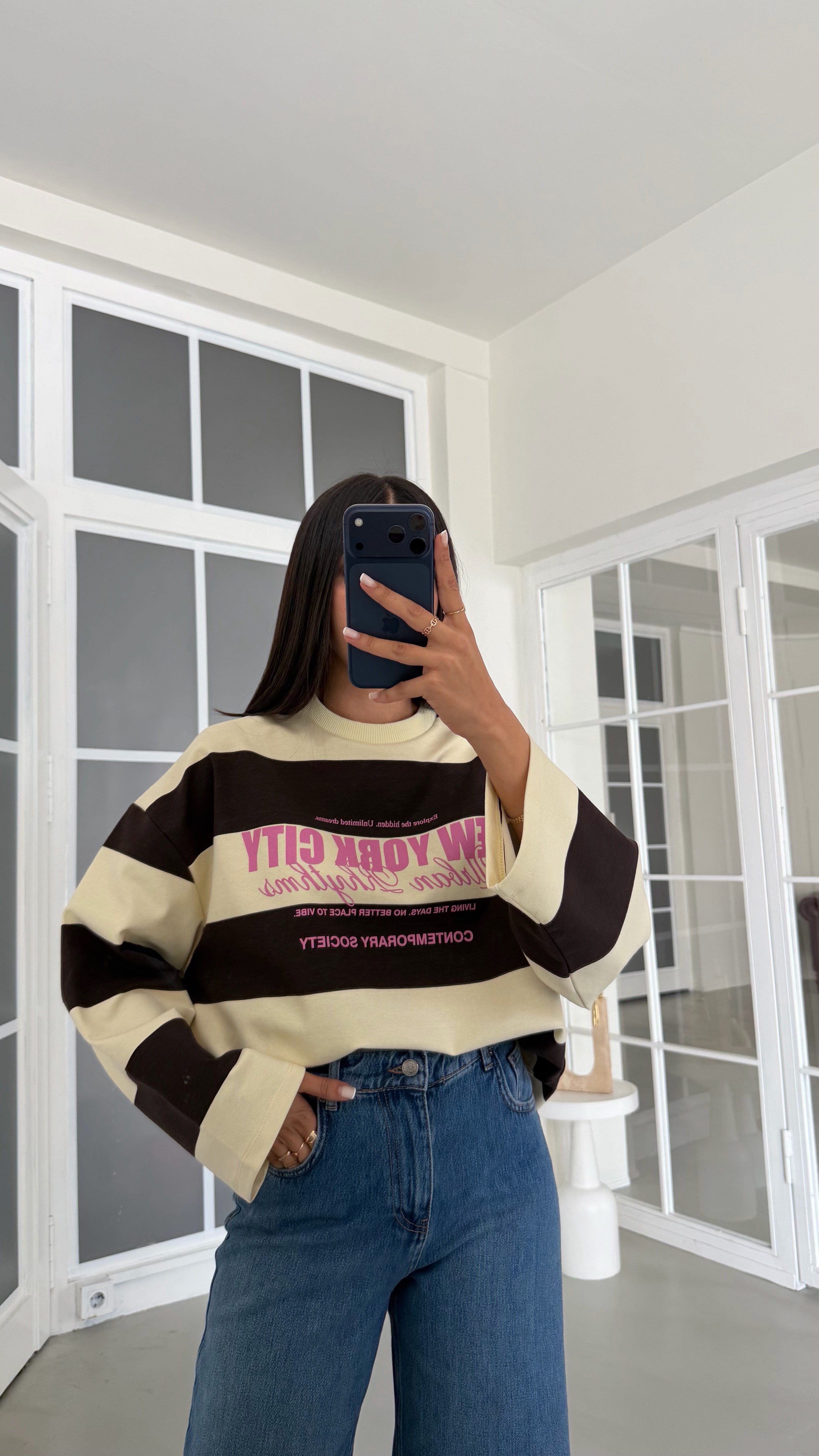 Kahve Şeritlı Baskılı Sweatshirt GAUS-02121 GAUS-02198GAUSSweatshirtGAUS-02198