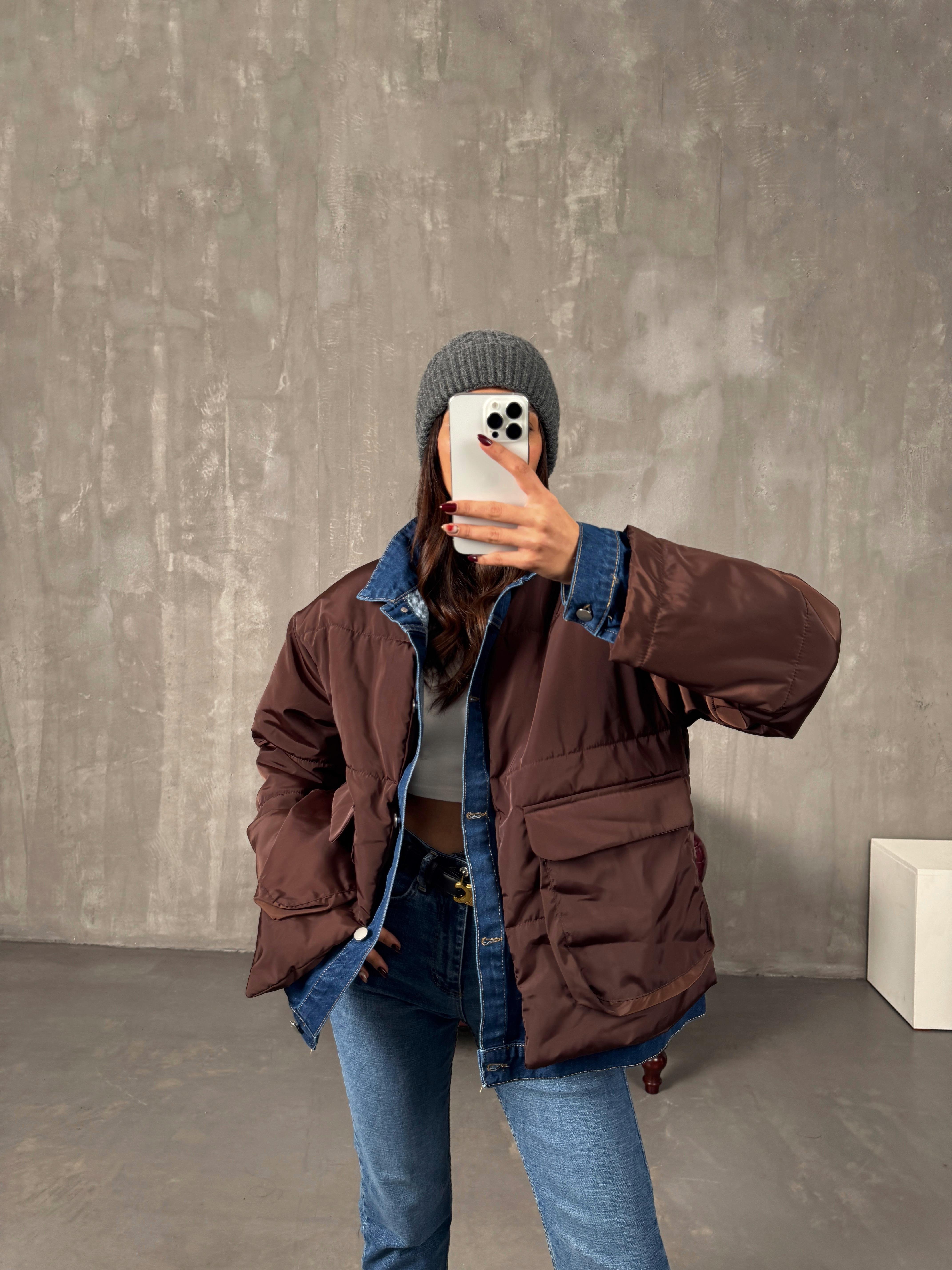 Jovi Kahve Denim Detaylı Astarlı Tasarım Şişme Mont