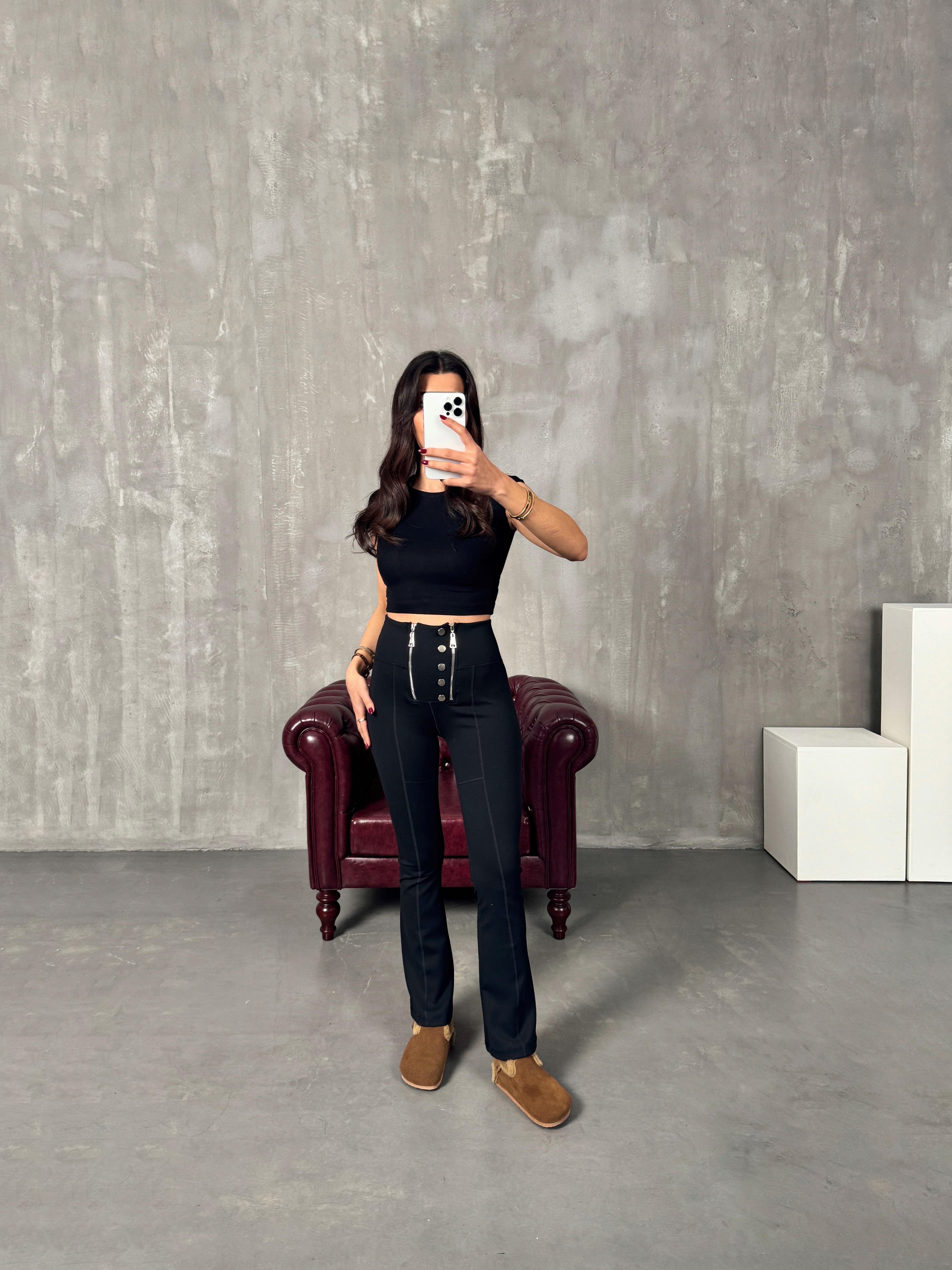 LO Çift Fermuarlı Siyah İspanyol Paça TaytGausTAYTGU00903924