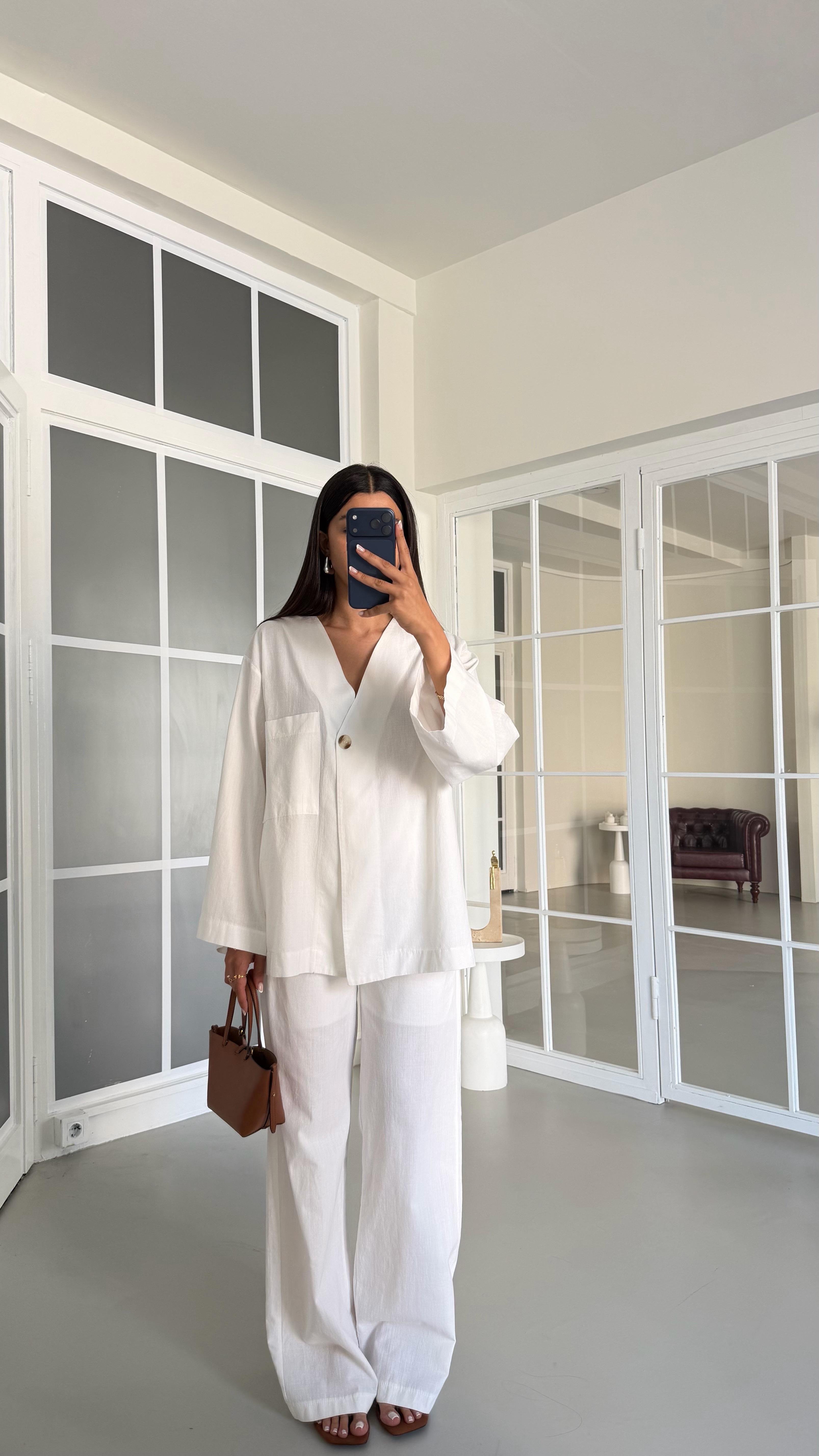 Beyaz Kimono Beli Lastikli Pantolon İkili Keten Takım GAUS-01491GAUSTAKIMGAUS-01491