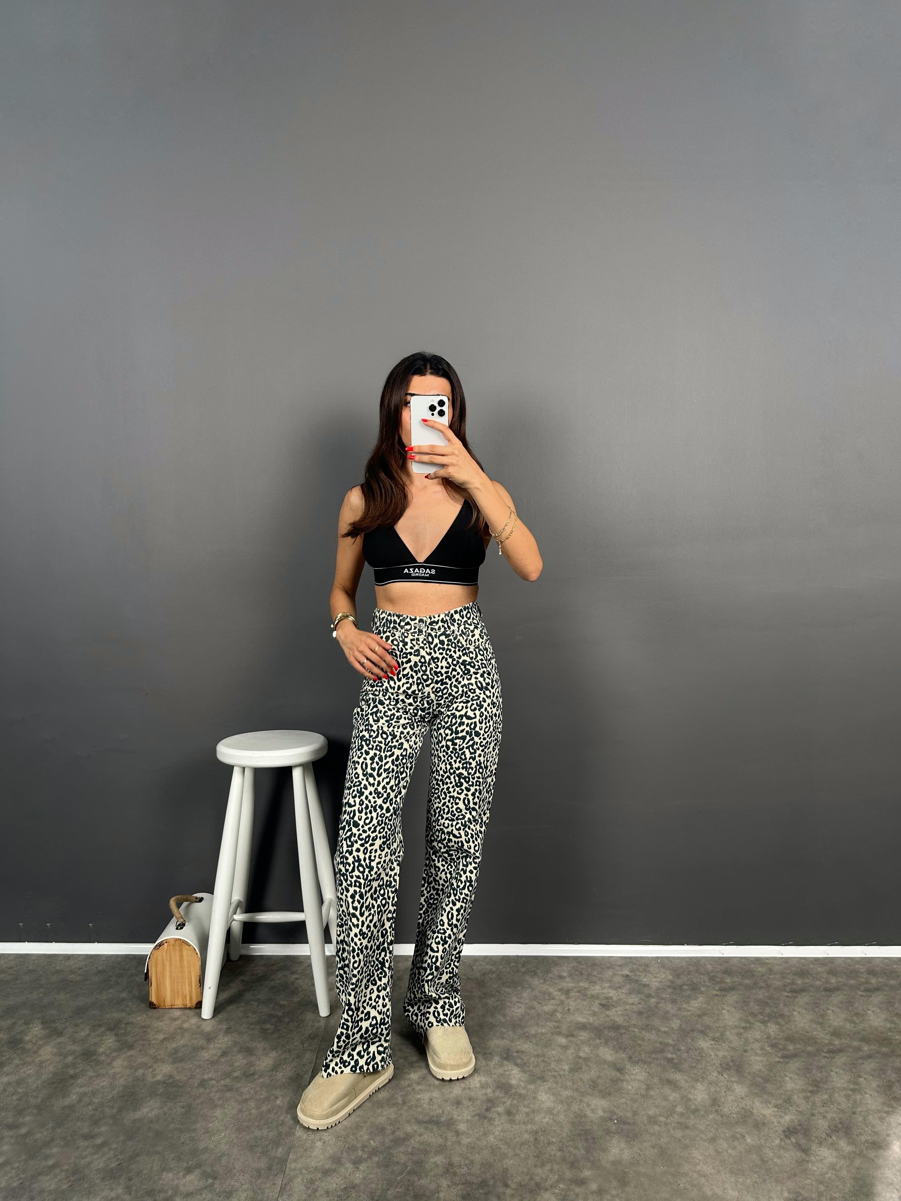 ZR Leopar Desenli Weg Lide Jean Pantolon